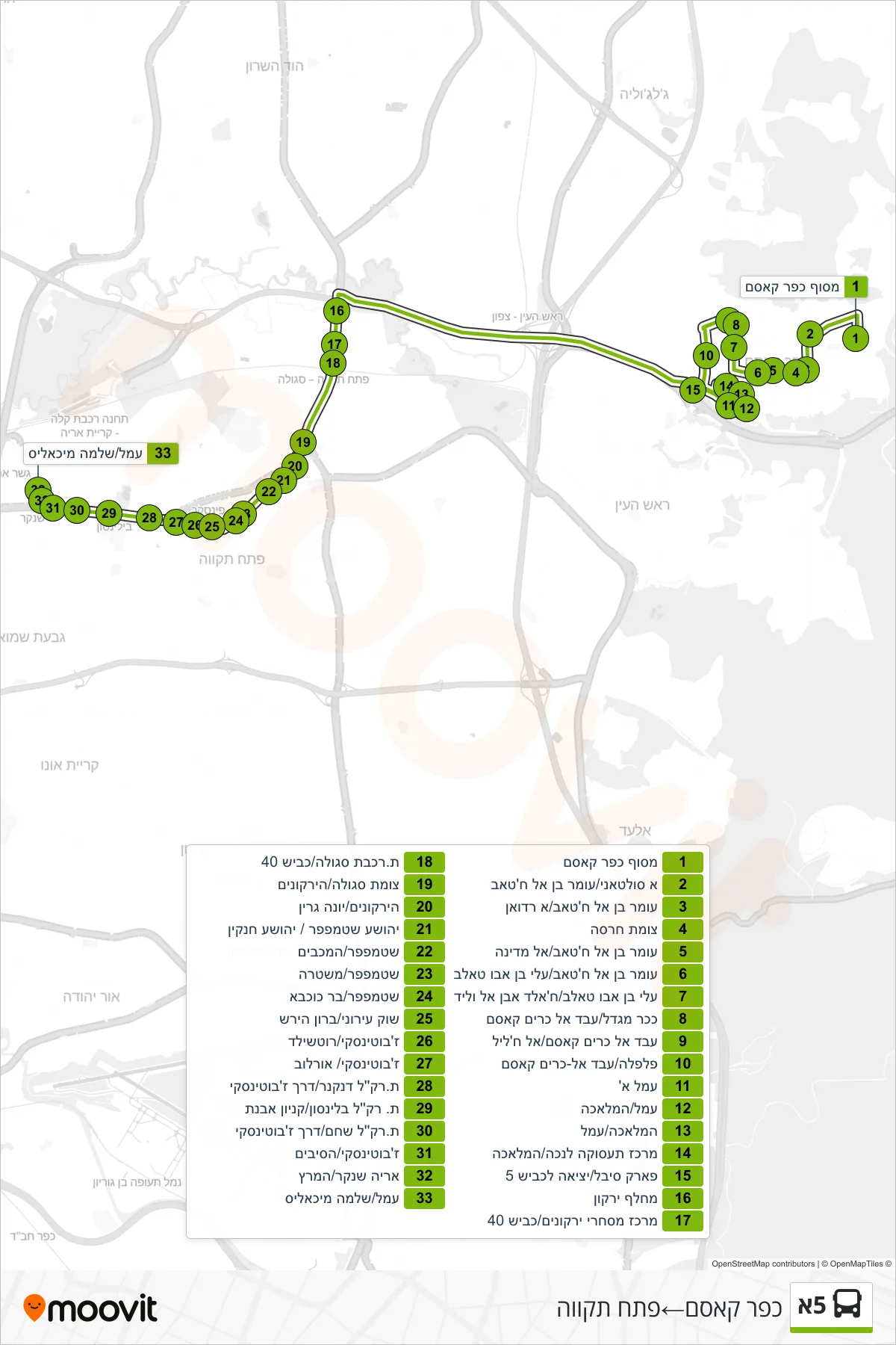 5A bus Line (Kafr Qasim→Petah Tikva) route and stops on a map