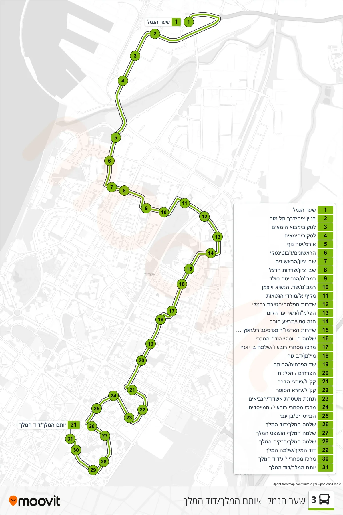 3 bus Line (Port Gate‎→Yotam HaMelech/David HaMelech) route and stops on a map