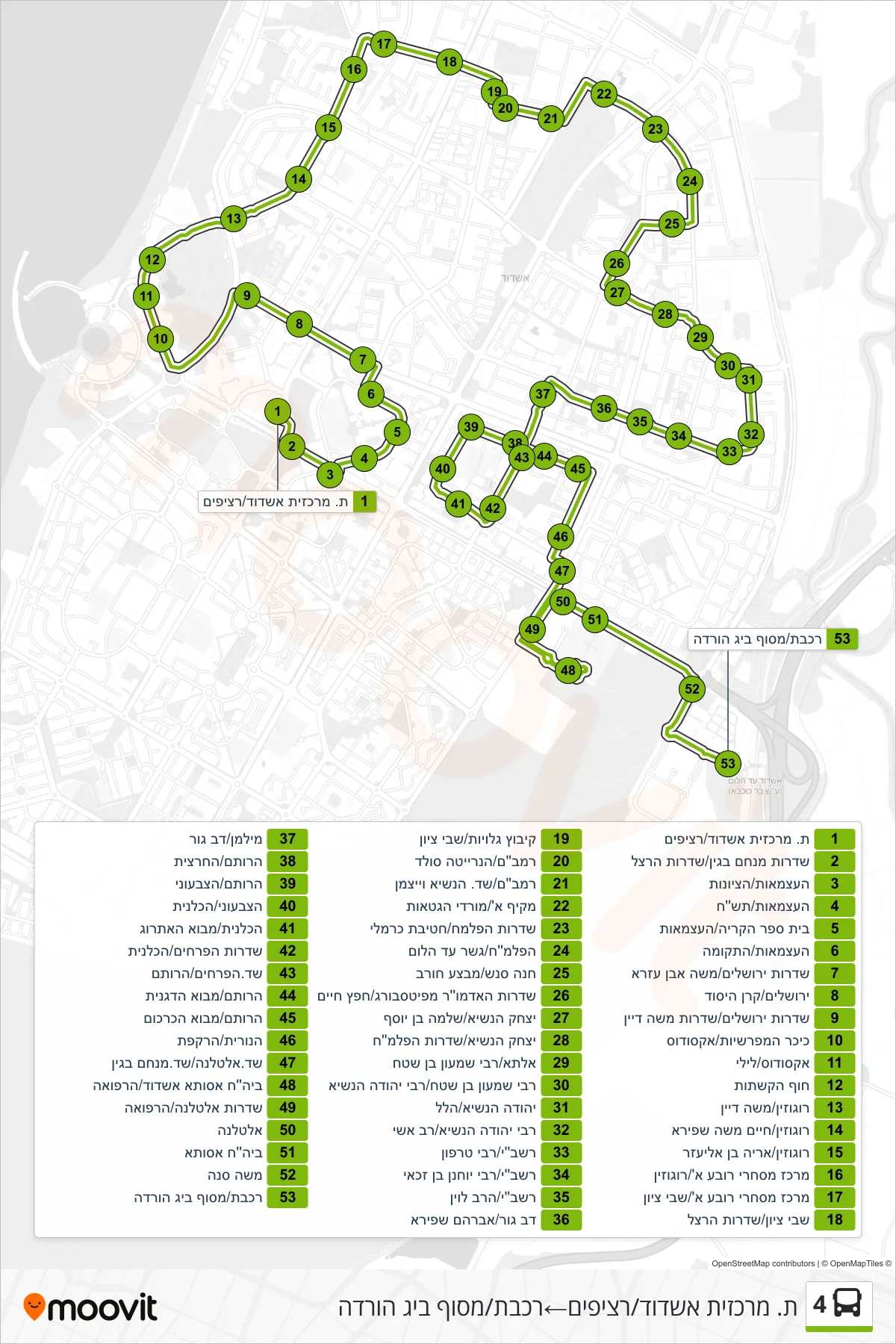 4 bus Line (Ashdod Central Station/Platforms→רכבת/מסוף ביג הורדה) route and stops on a map