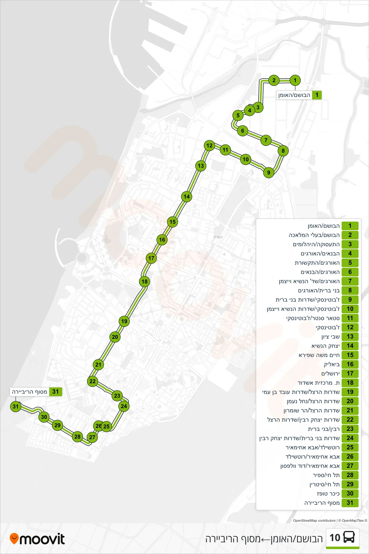 10 bus Line (HaBosem/HaOman→Riviera Terminal) route and stops on a map