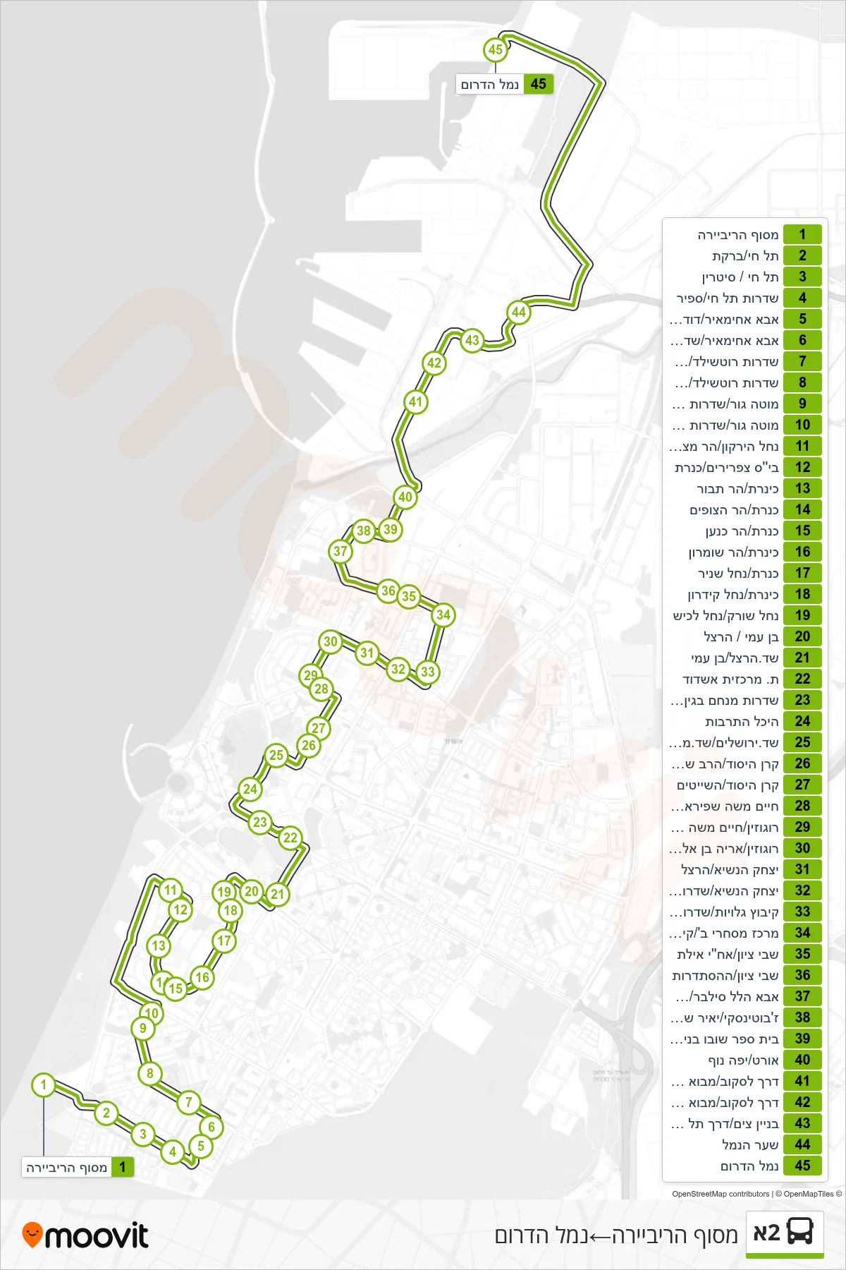 2A bus Line (Riviera Terminal‎→South Port) route and stops on a map