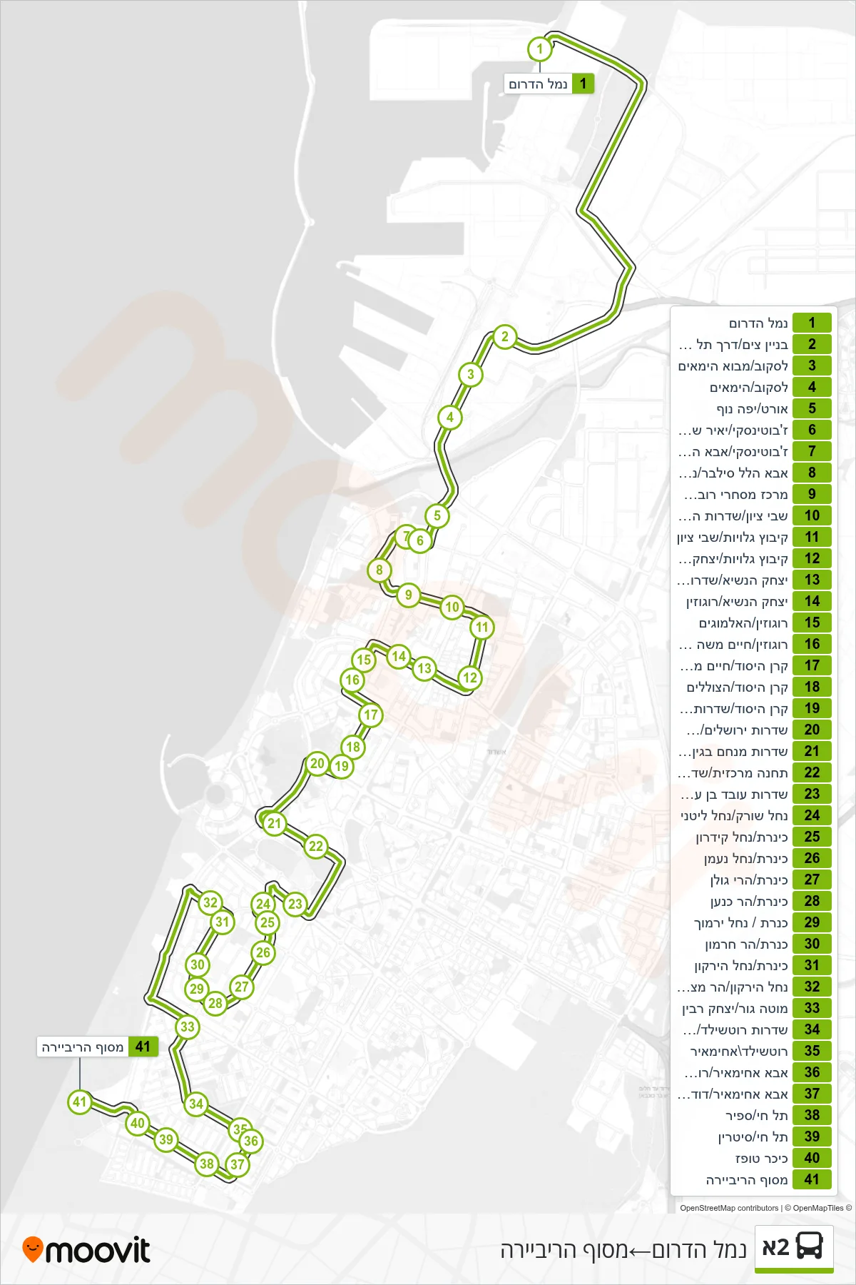 2A bus Line (South Port‎→Riviera Terminal) route and stops on a map