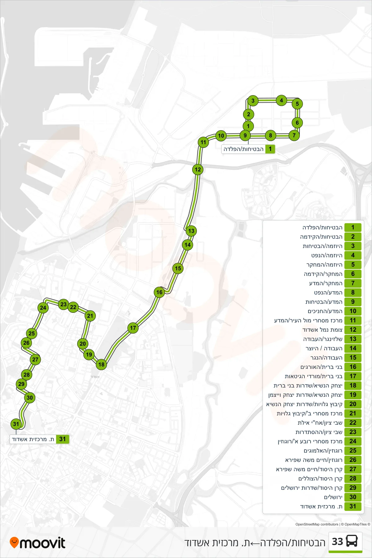 33 bus Line (HaBtichut/HaPlada‎→Ashdod Central Station) route and stops on a map