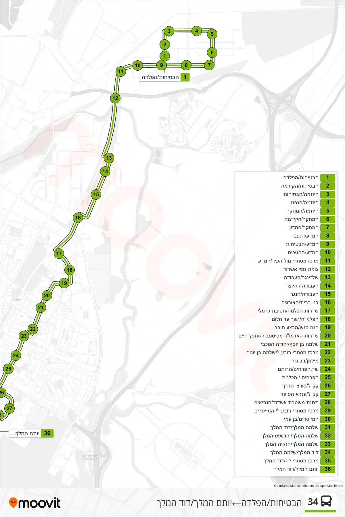 34 bus Line (HaBtichut/HaPlada‎→Yotam HaMelech/David HaMelech) route and stops on a map