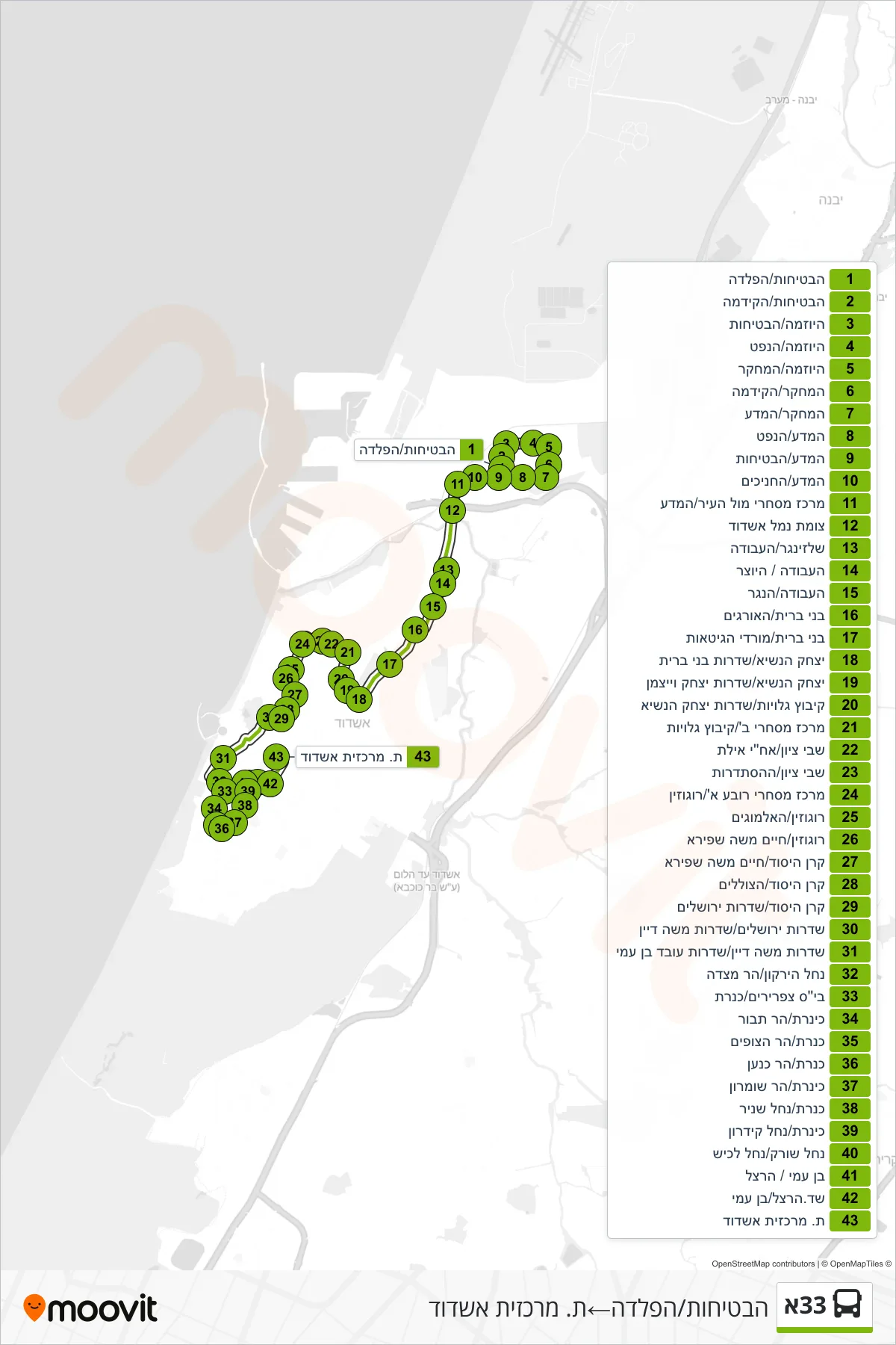 33A bus Line (HaBtichut/HaPlada→Ashdod Central Station) route and stops on a map