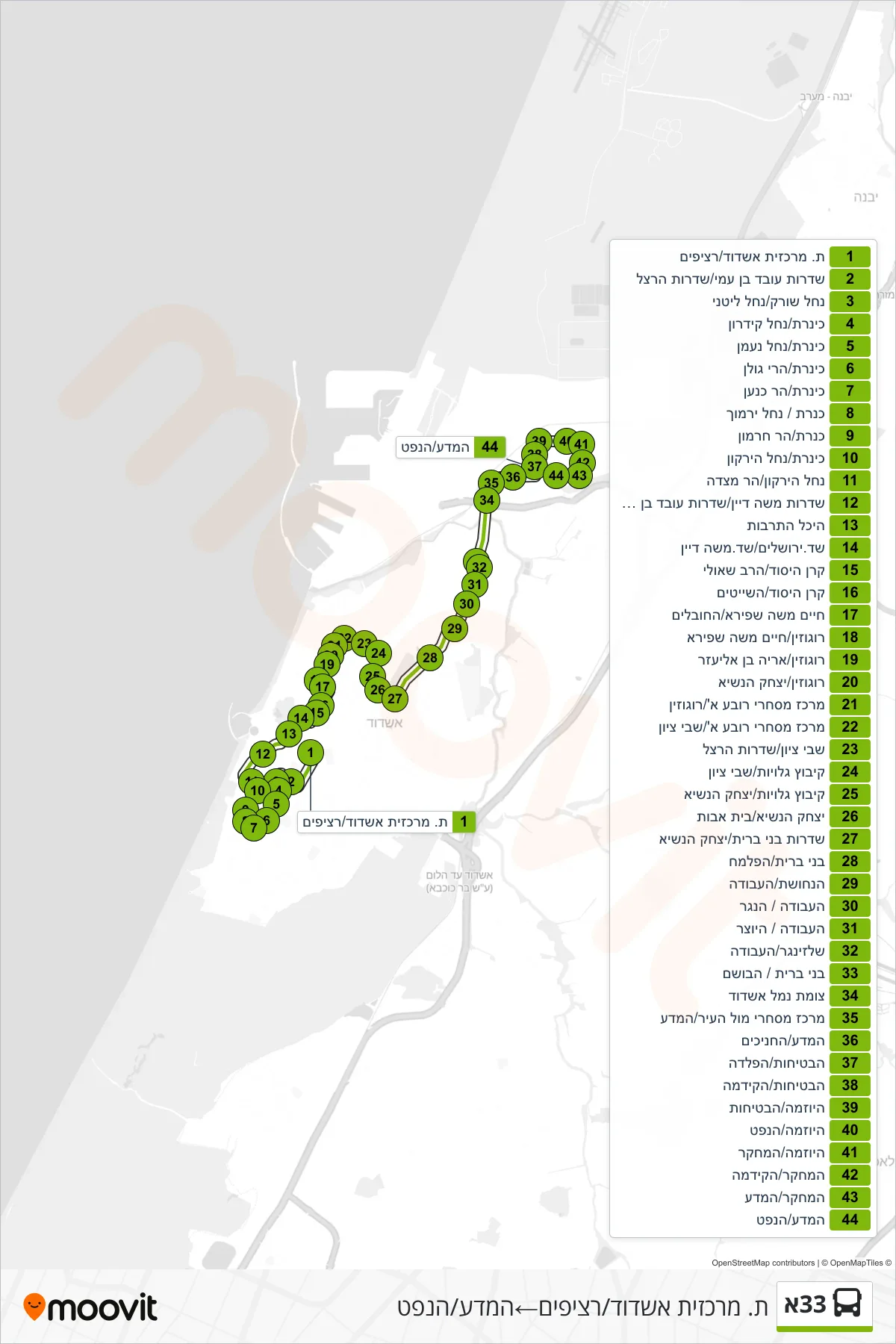 33A bus Line (Ashdod Central Station/Platforms‎→HaMada/HaNeft) route and stops on a map