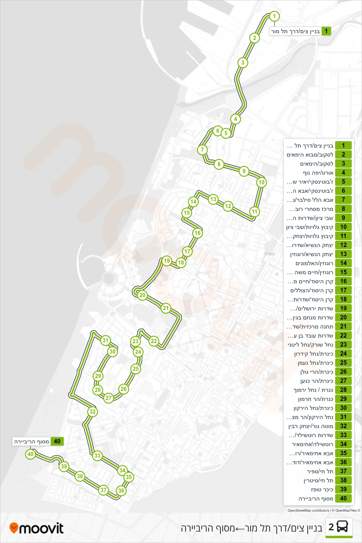 2 bus Line (Zim Building/Tel Mor Road‎→Riviera Terminal) route and stops on a map