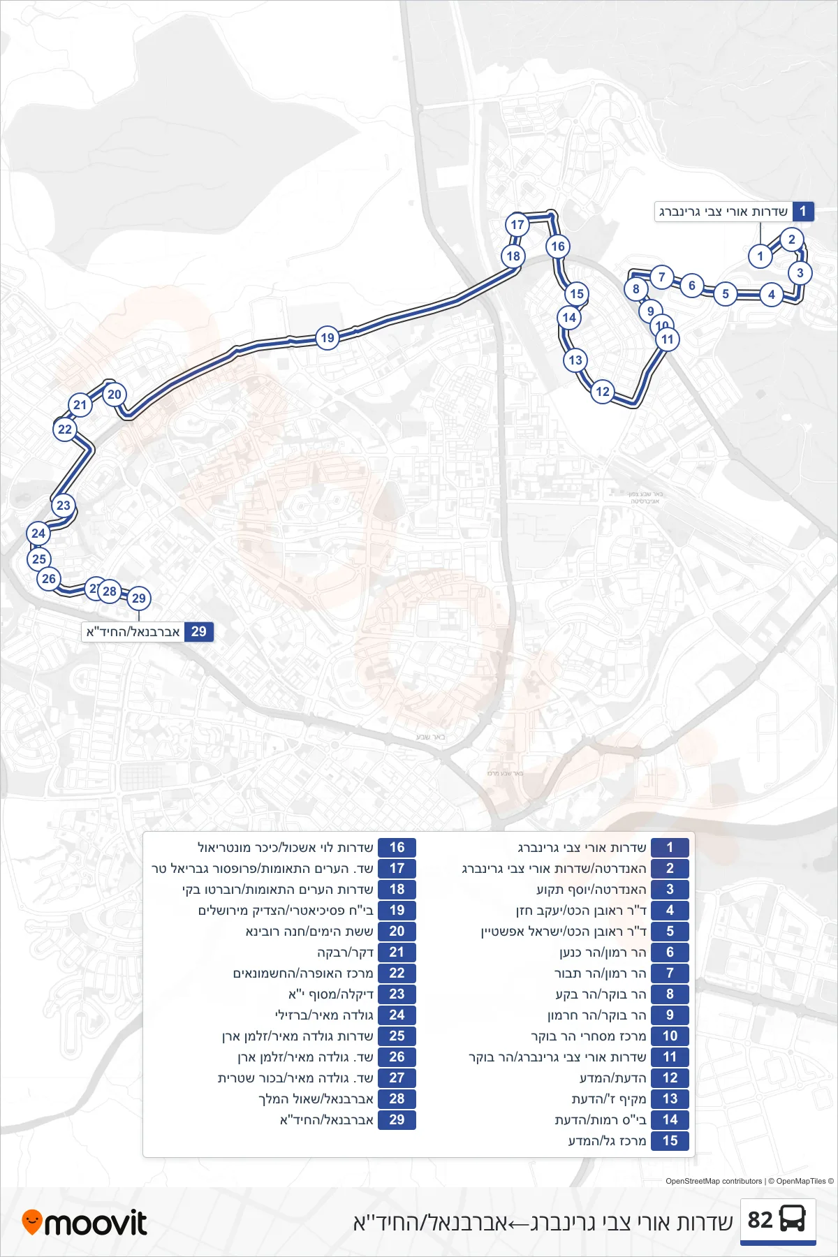 82 bus Line (Uri Zvi Greenberg Boulevard‎→Abarbanel/HaChida) route and stops on a map