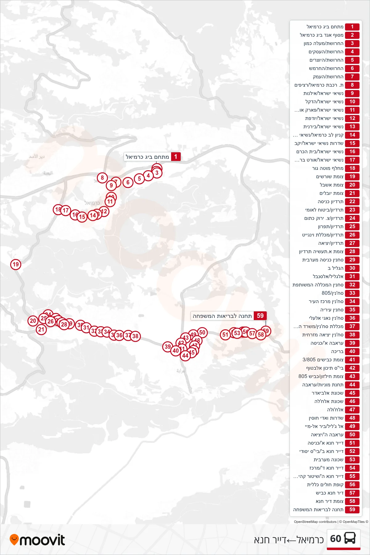60 bus Line (Carmiel‎→Deir Hanna) route and stops on a map