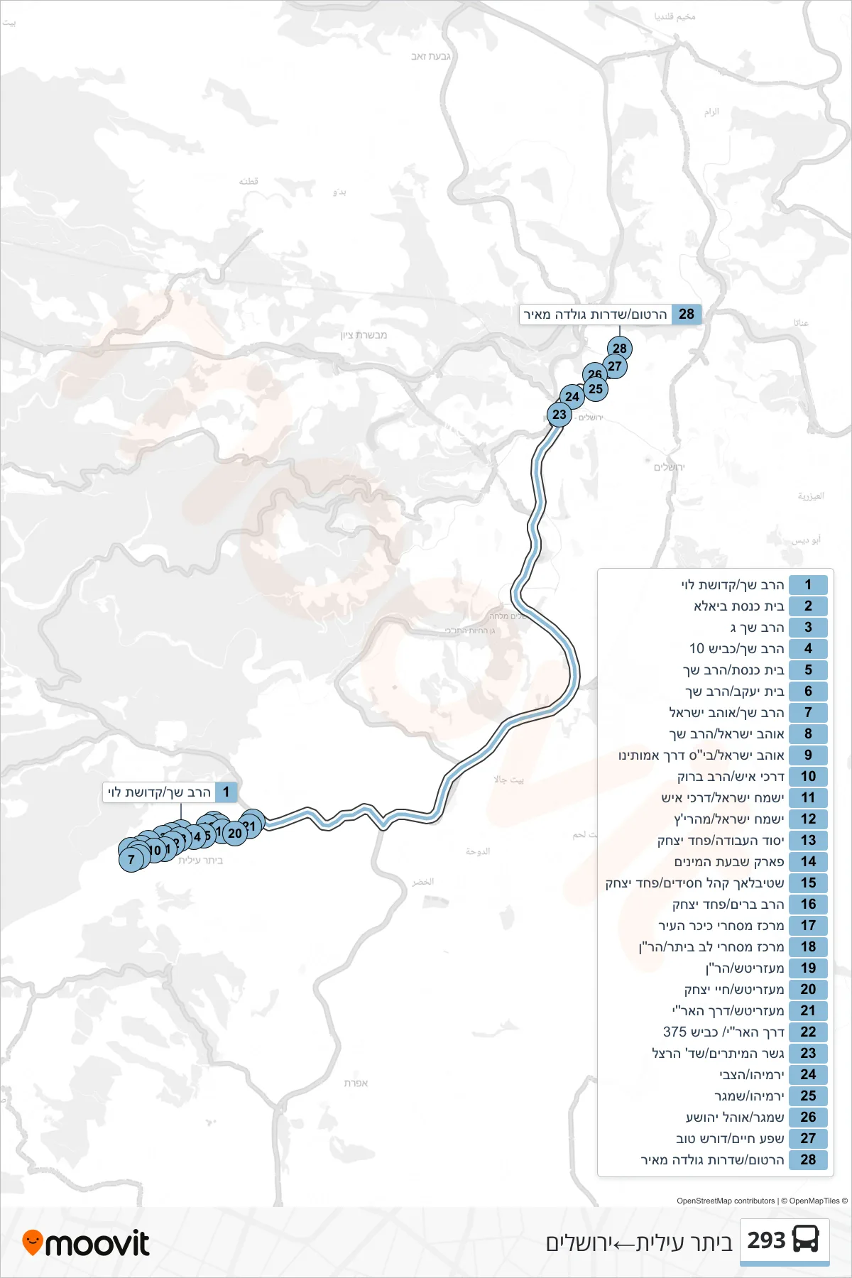 293 bus Line (Beitar Illit‎→Jerusalem) route and stops on a map