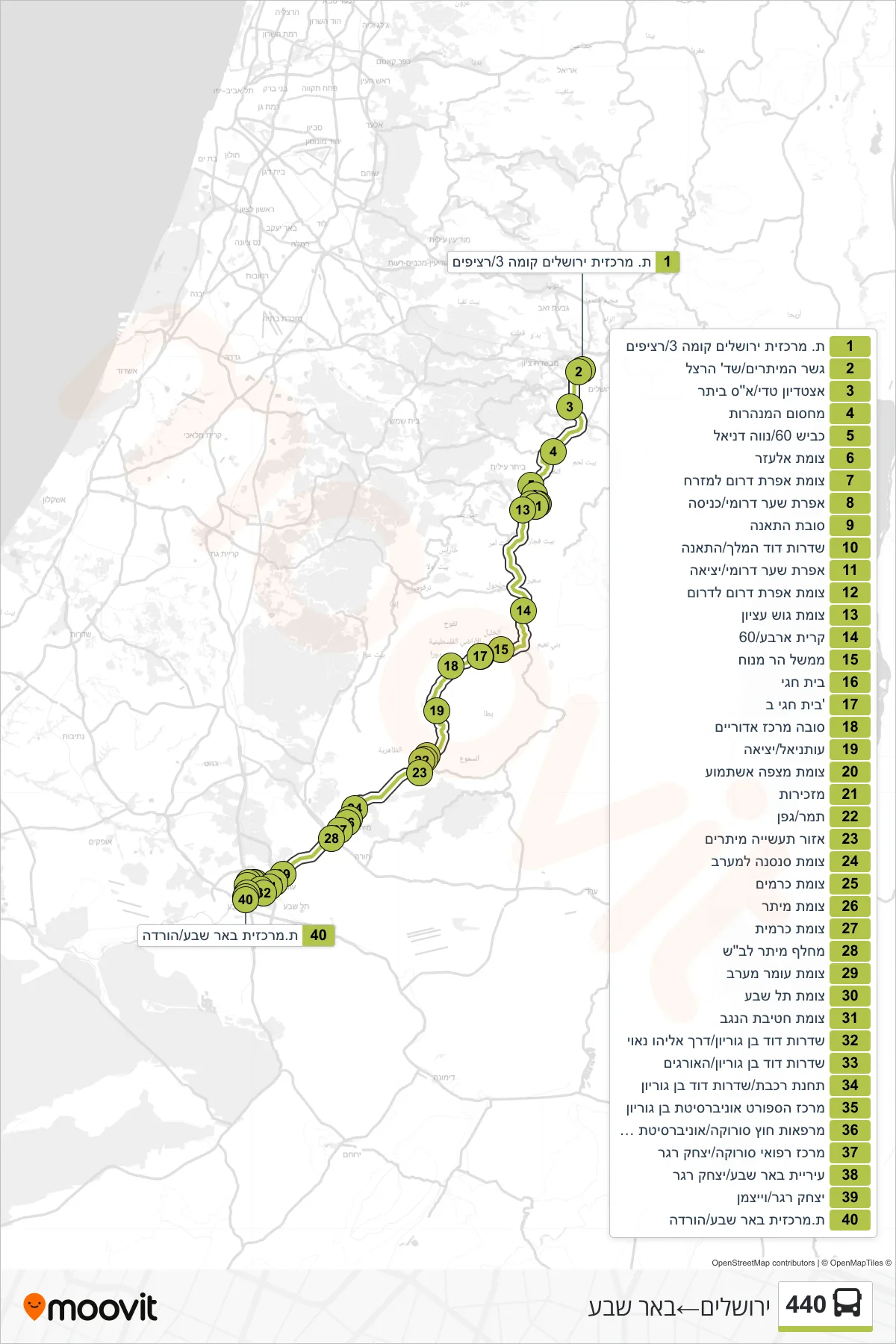 440 bus Line (Jerusalem‎→Beer Sheva) route and stops on a map