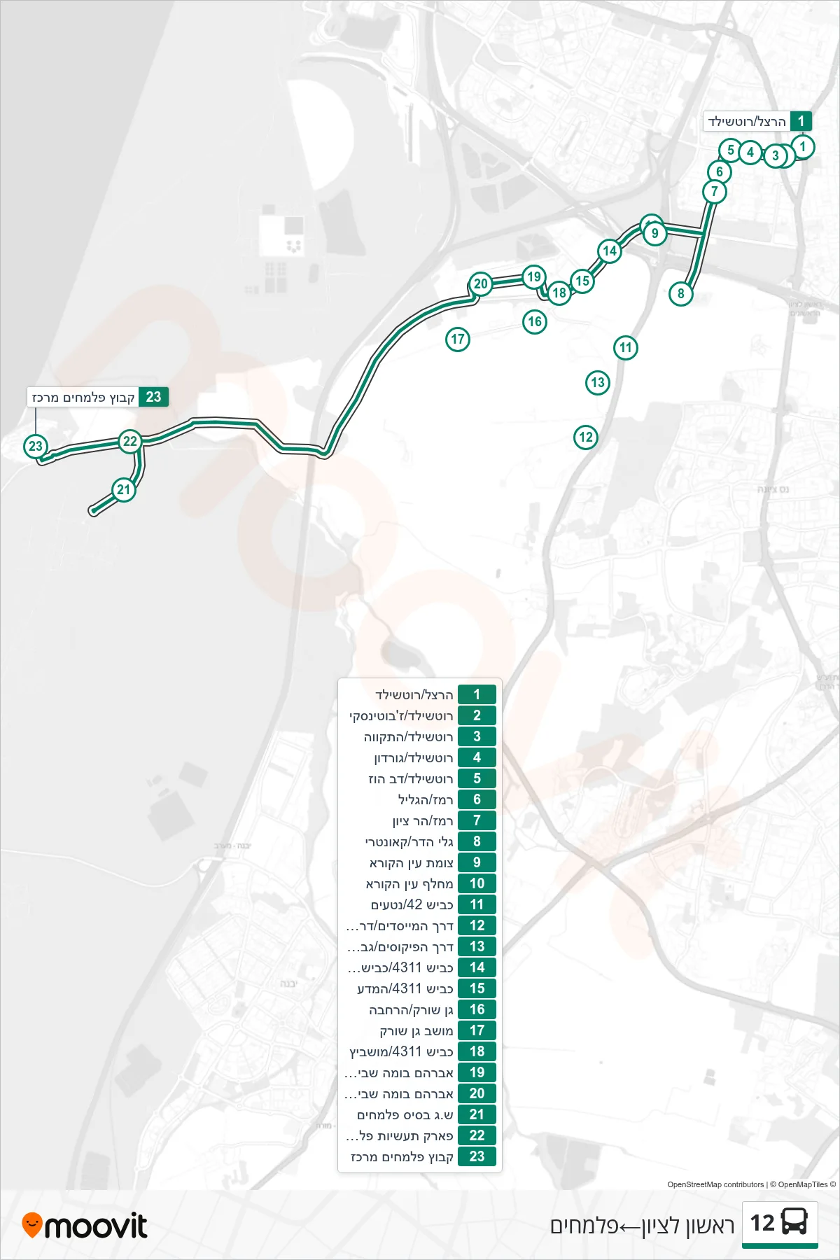 12 bus Line (Rishon LeZion‎→Palmachim) route and stops on a map