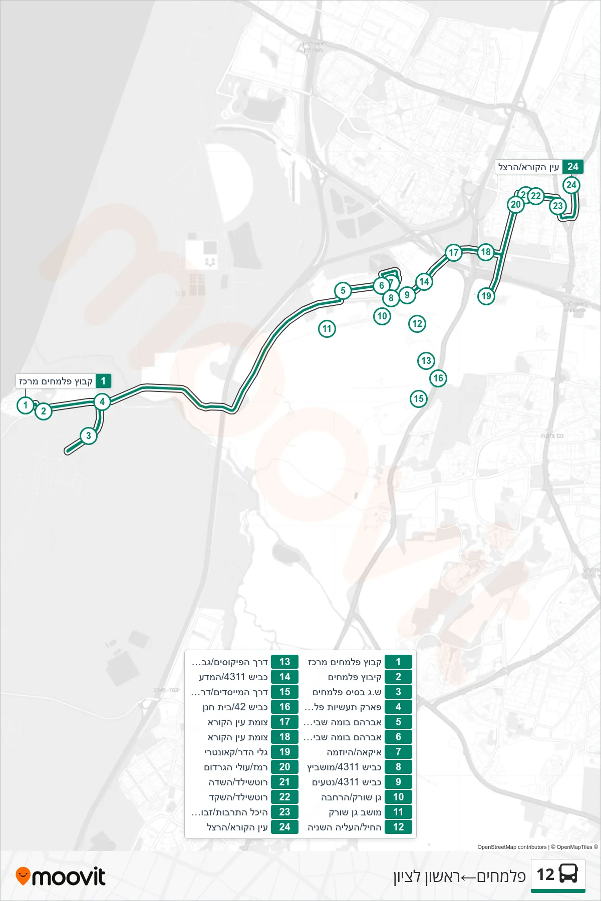 12 bus Line (Palmachim‎→Rishon LeZion) route and stops on a map