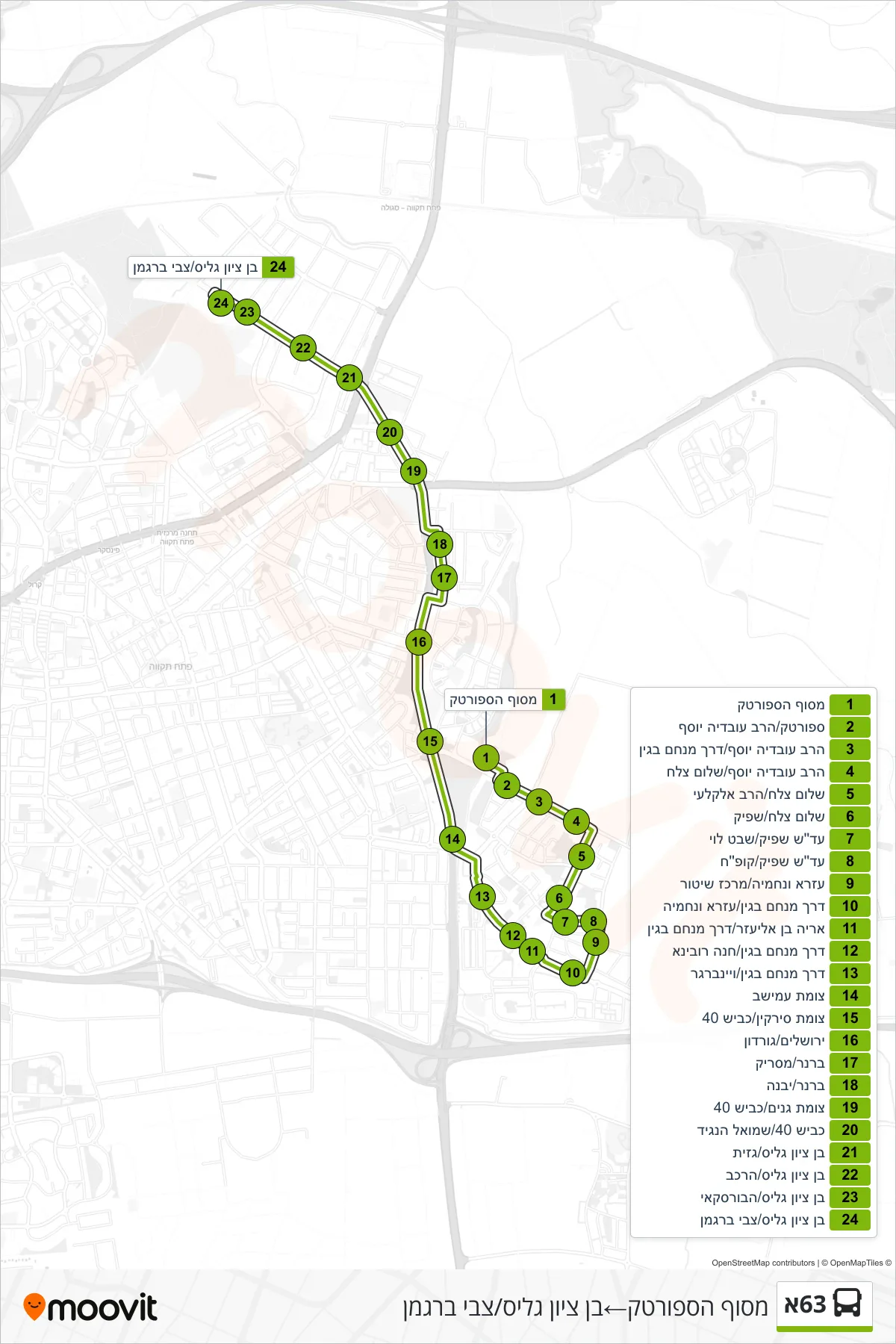63A bus Line (Sportek Terminal→Ben Zion Glis/Tzvi Bergman) route and stops on a map