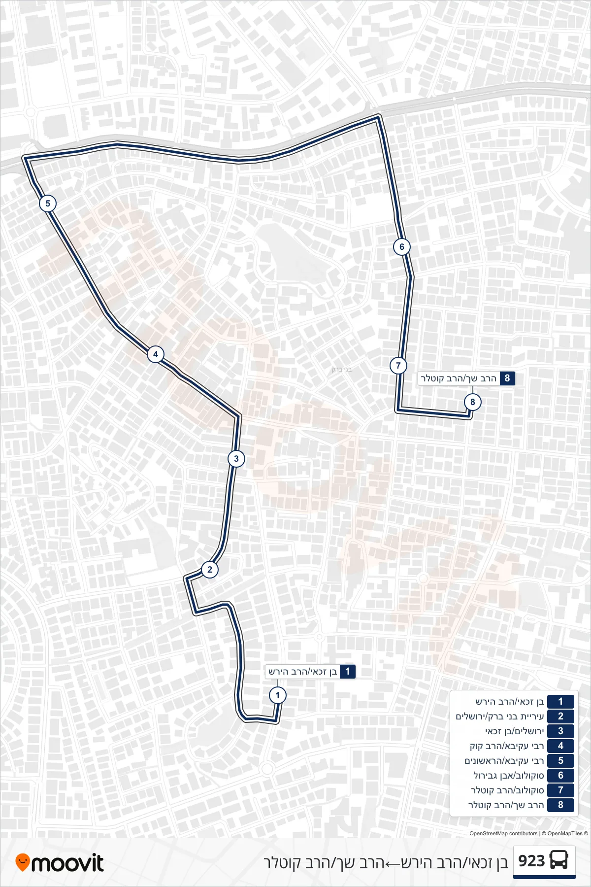 923 bus Line (Ben Zakai/HaRav Hirsch‎→HaRav Shach/HaRav Kotler) route and stops on a map