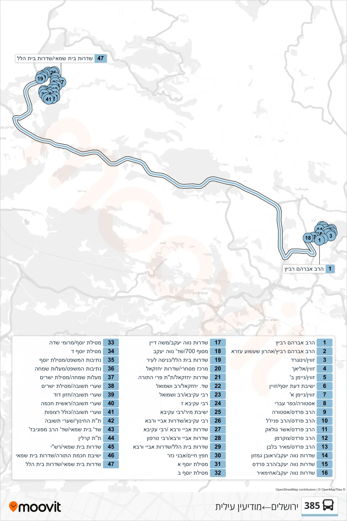 385 bus Line (Jerusalem‎→Modi'in Illit) route and stops on a map
