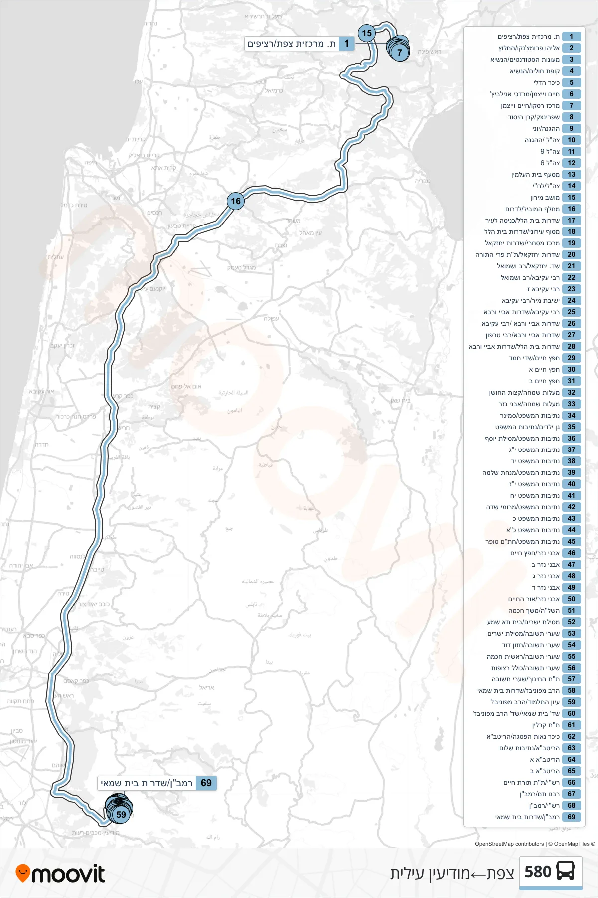 580 bus Line (Safed→Modi'in Illit) route and stops on a map