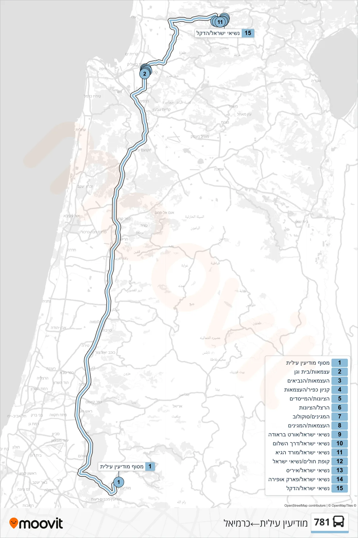 781 bus Line (Modi'in Illit→Carmiel) route and stops on a map