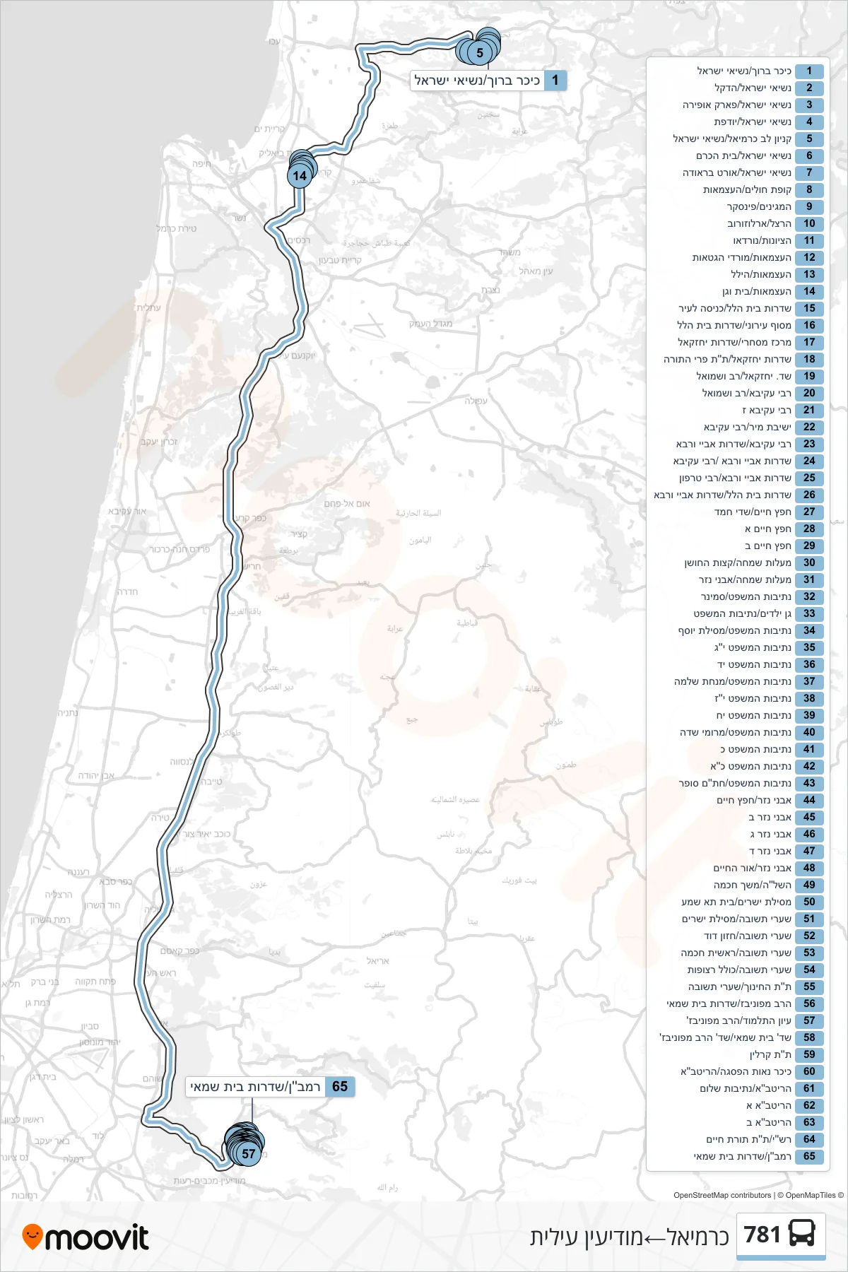 781 bus Line (Carmiel‎→Modi'in Illit) route and stops on a map