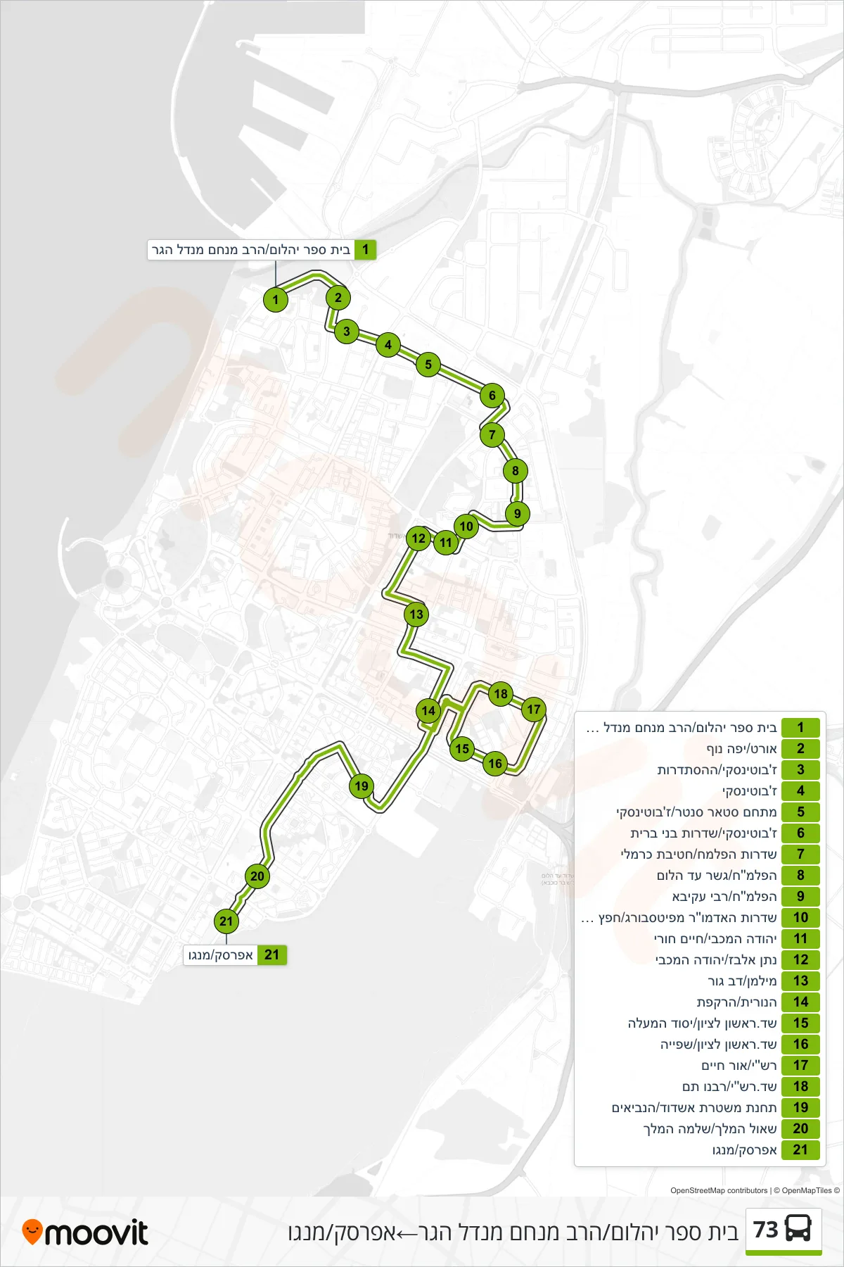 73 bus Line (Beit Sefer Yahalom/Rabbi Menachem Mendel Hager‎→Afarsek/Mango) route and stops on a map