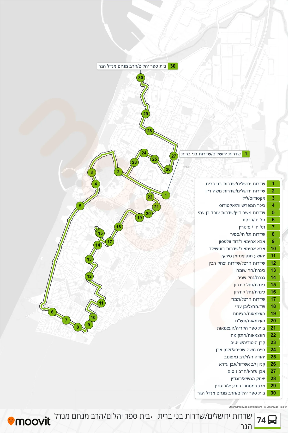 74 bus Line (Jerusalem Boulevard/Bnei Brit Boulevard→Beit Sefer Yahalom/Rabbi Menachem Mendel Hager) route and stops on a map
