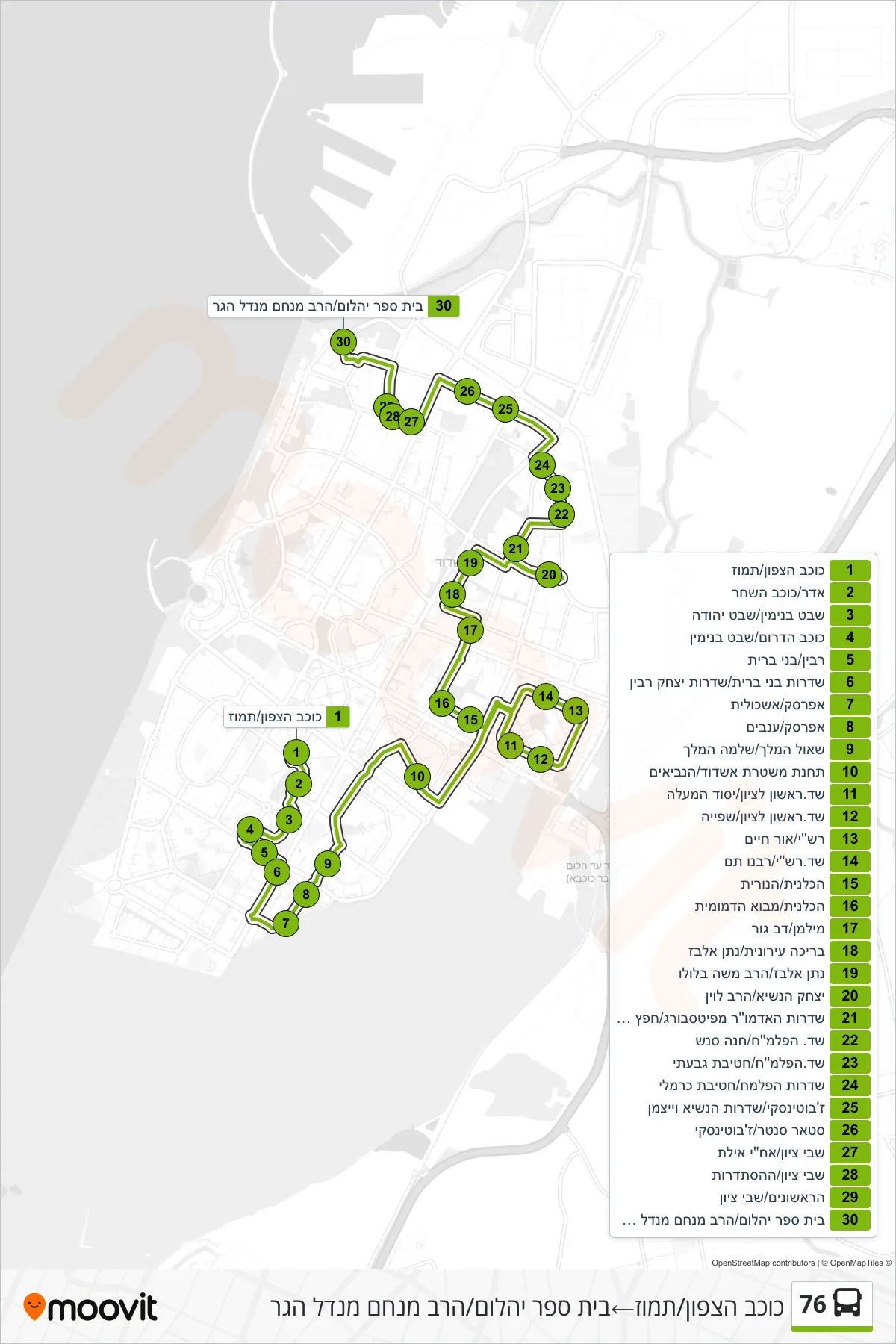 76  Line (Kochav HaTzafon/Tamuz‎→Beit Sefer Yahalom/Rabbi Menachem Mendel Hager) route and stops on a map