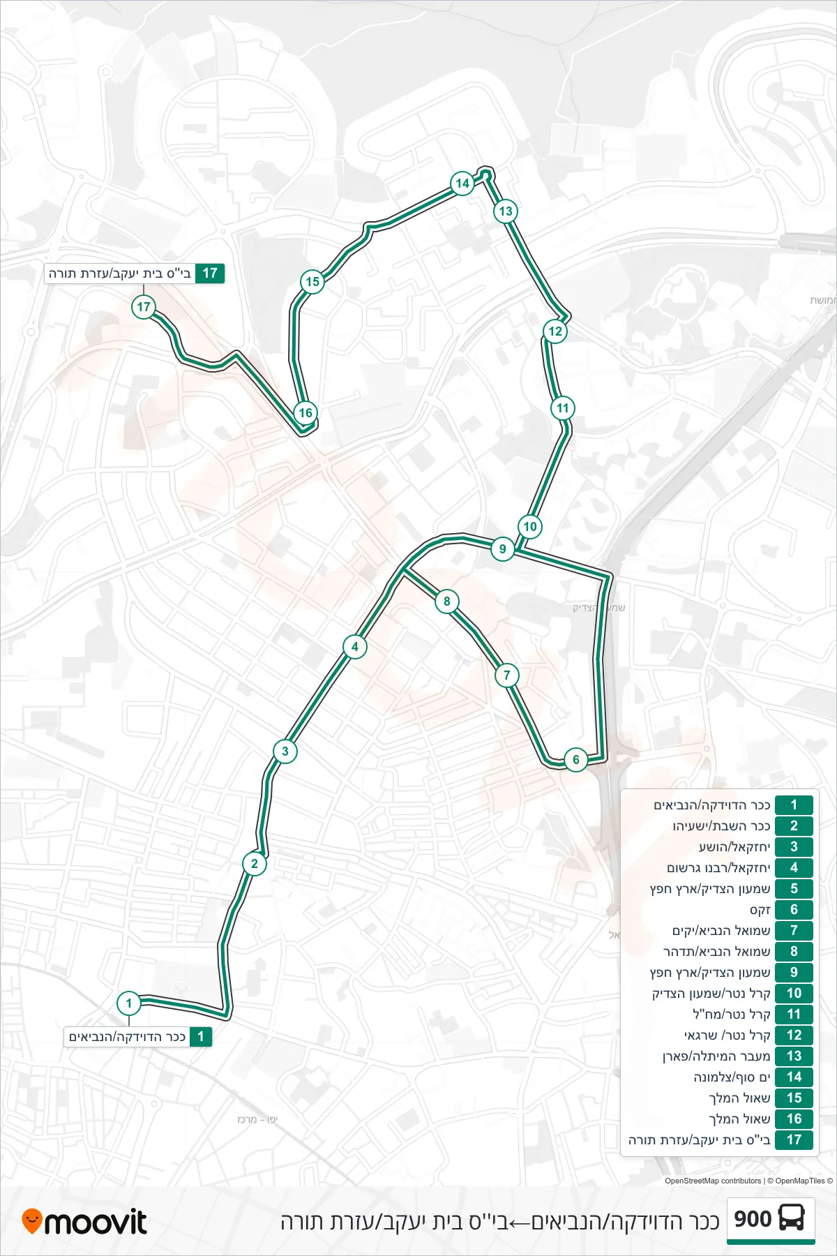 900 bus Line (Davidka Square/HaNeviim→Beit Yaakov School/Ezrat Torah) route and stops on a map