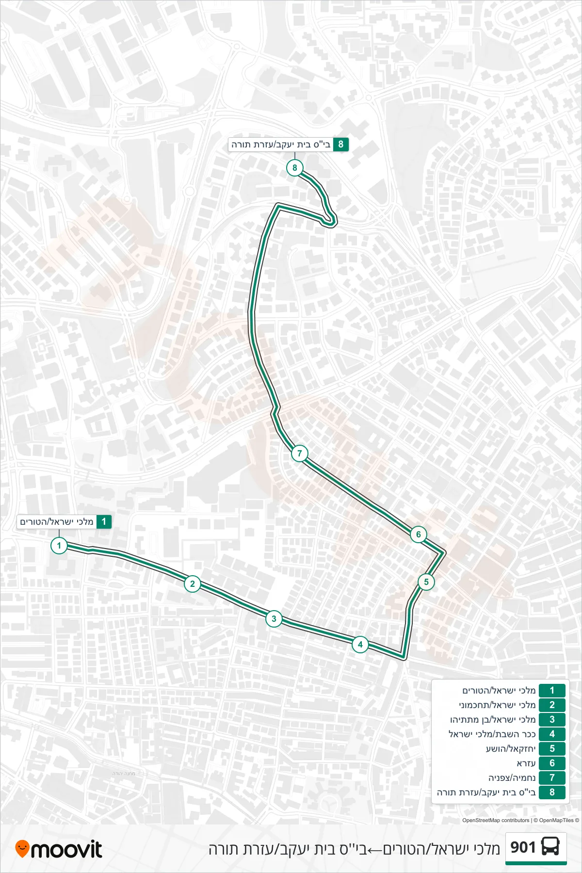 901  Line (Malchei Israel/HaTurim‎→Beit Yaakov School/Ezrat Torah) route and stops on a map