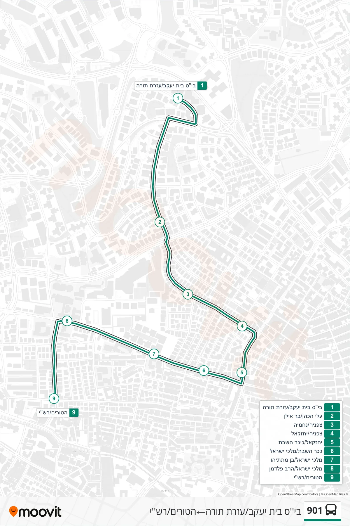 901 bus Line (Beit Yaakov School/Ezrat Torah‎→HaTurim/Rashi) route and stops on a map