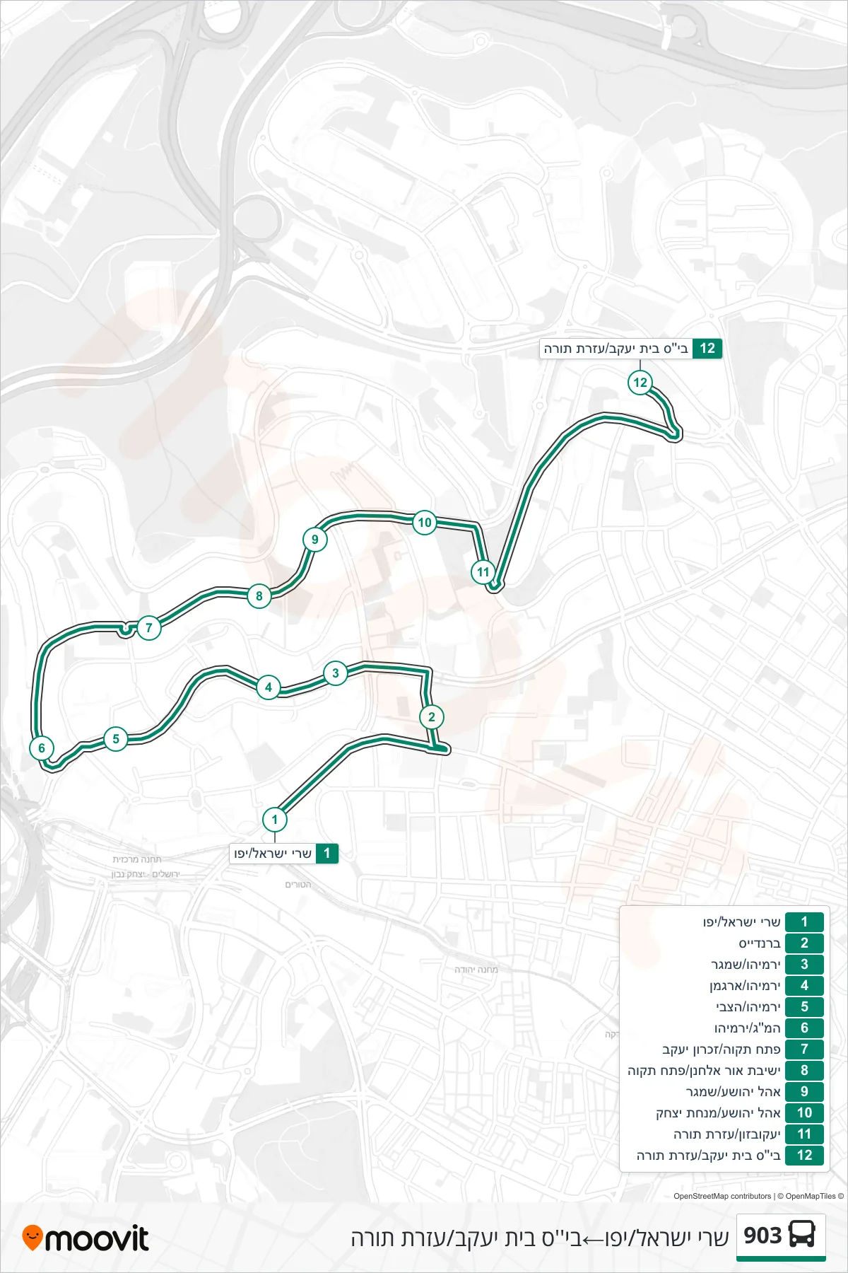 903 bus Line (Sarei Israel/Jaffa‎→Beit Yaakov School/Ezrat Torah) route and stops on a map