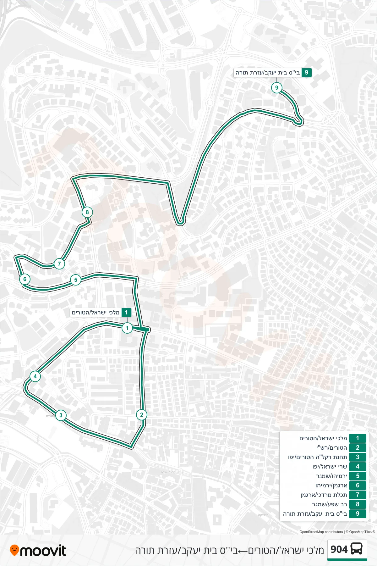 904 bus Line (Malchei Israel/HaTurim‎→Beit Yaakov School/Ezrat Torah) route and stops on a map