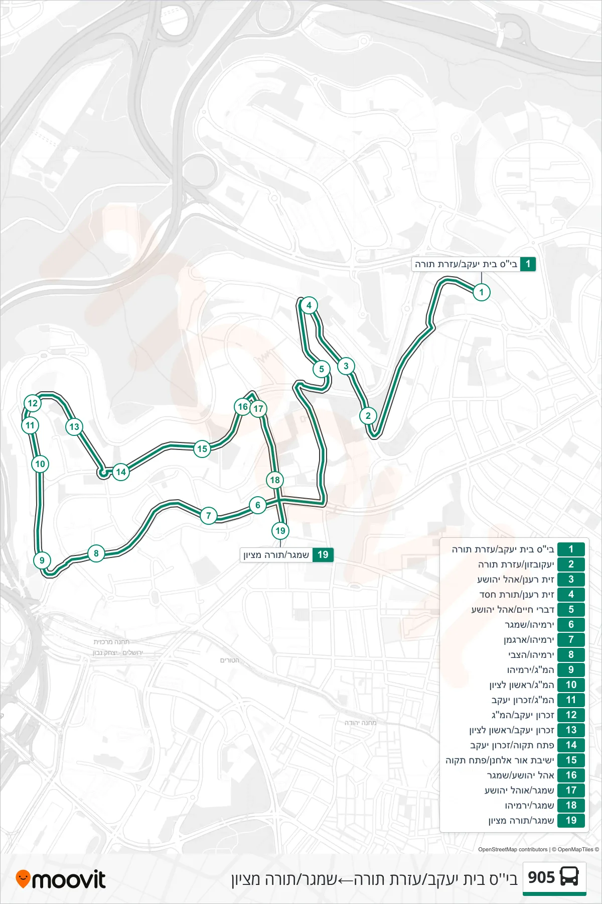 905 bus Line (Beit Yaakov School/Ezrat Torah‎→Shamgar/Torah MiZion) route and stops on a map