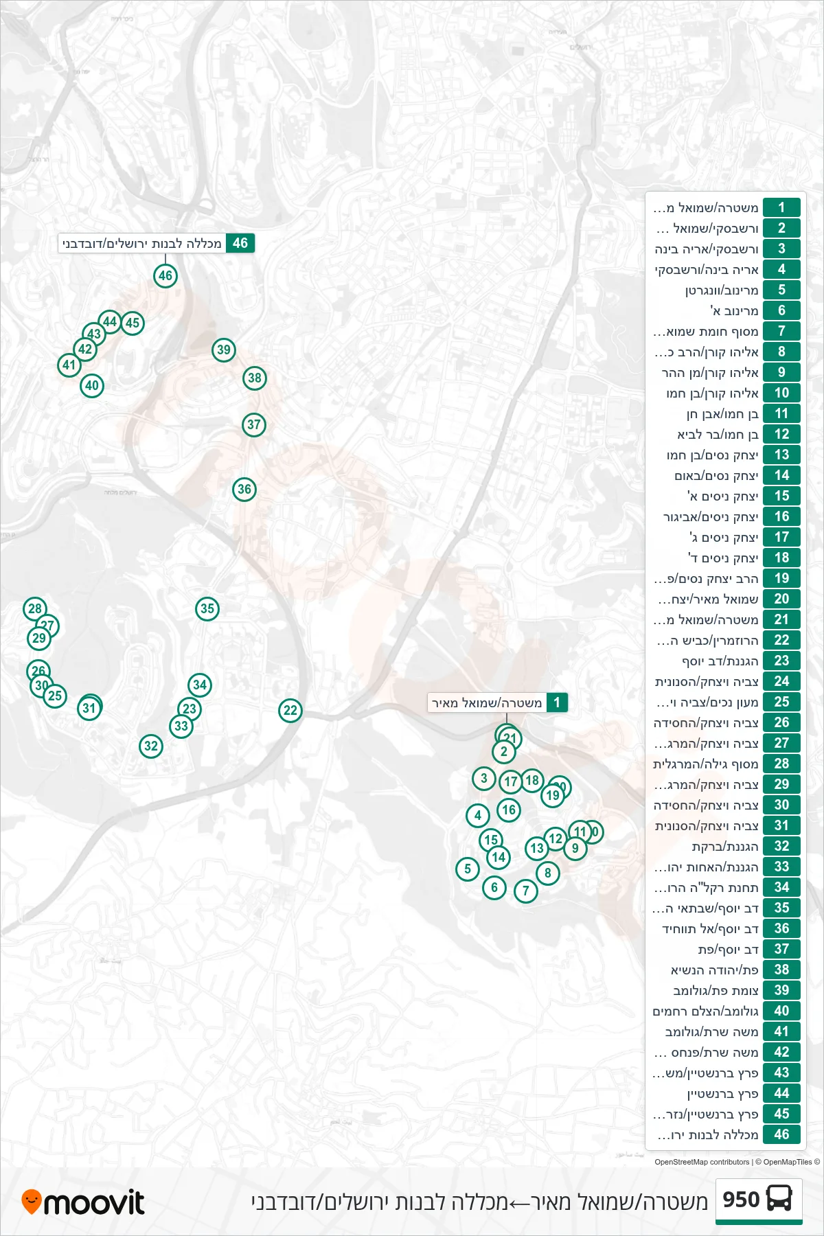 950 bus Line (Police/Shmuel Meir‎→Jerusalem Girls College/Duvdevani) route and stops on a map