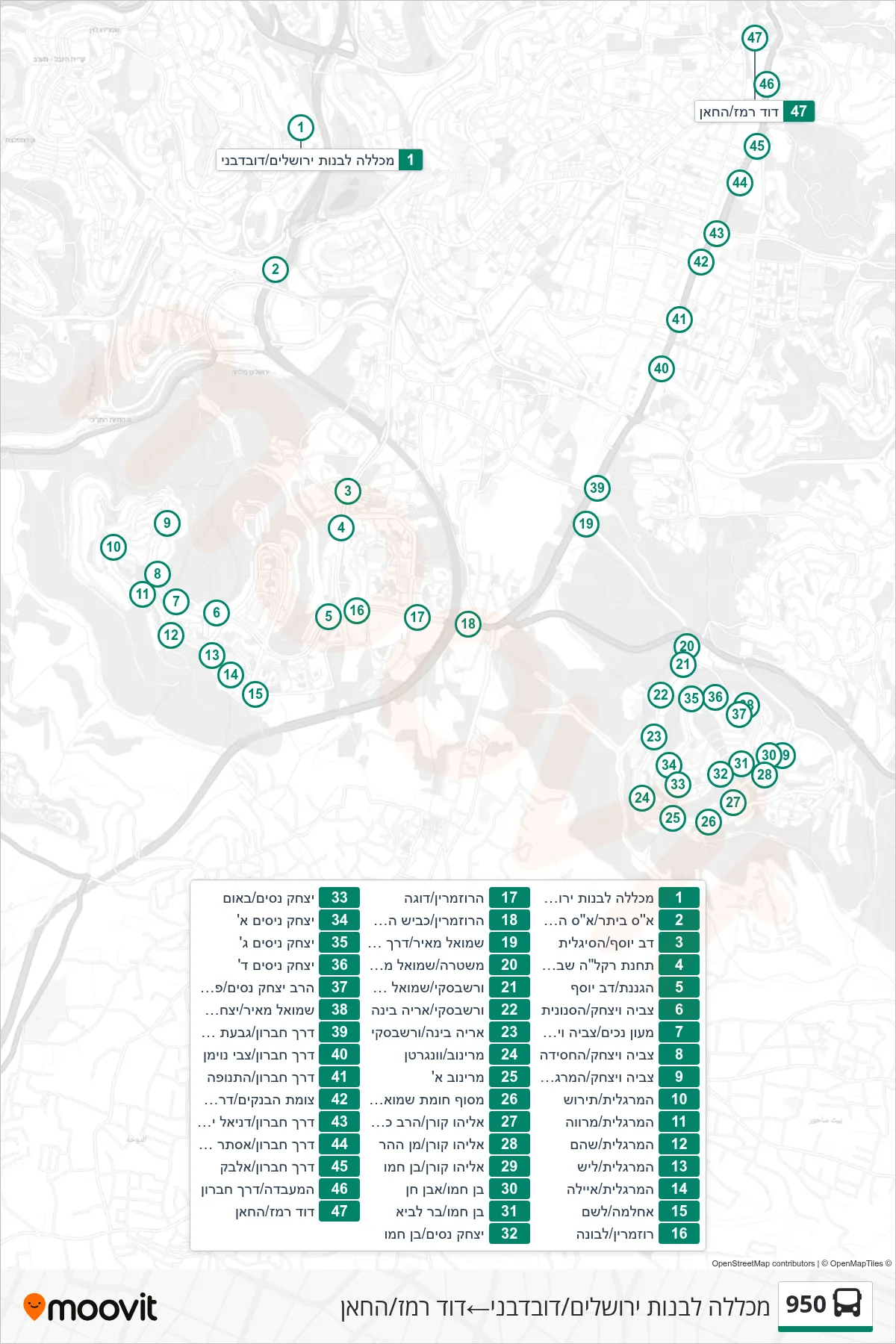 950 bus Line (Jerusalem Girls College/Duvdevani‎→David Remez/HaKhan) route and stops on a map