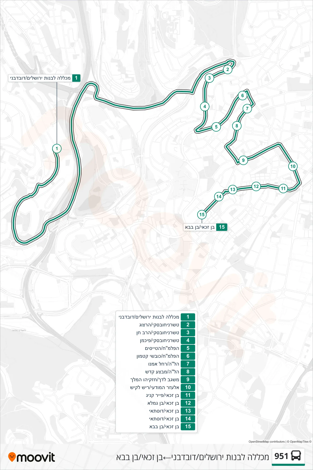 951 bus Line (Jerusalem Girls College/Duvdevani‎→Ben Zakkai/Ben Baba) route and stops on a map