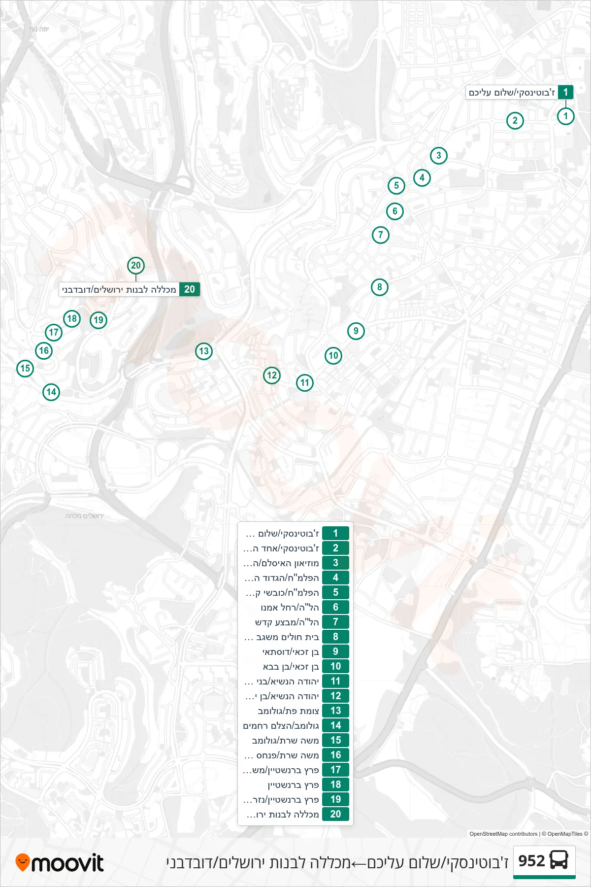 952 bus Line (Jabotinsky/Shalom Aleichem‎→Jerusalem Girls College/Duvdevani) route and stops on a map