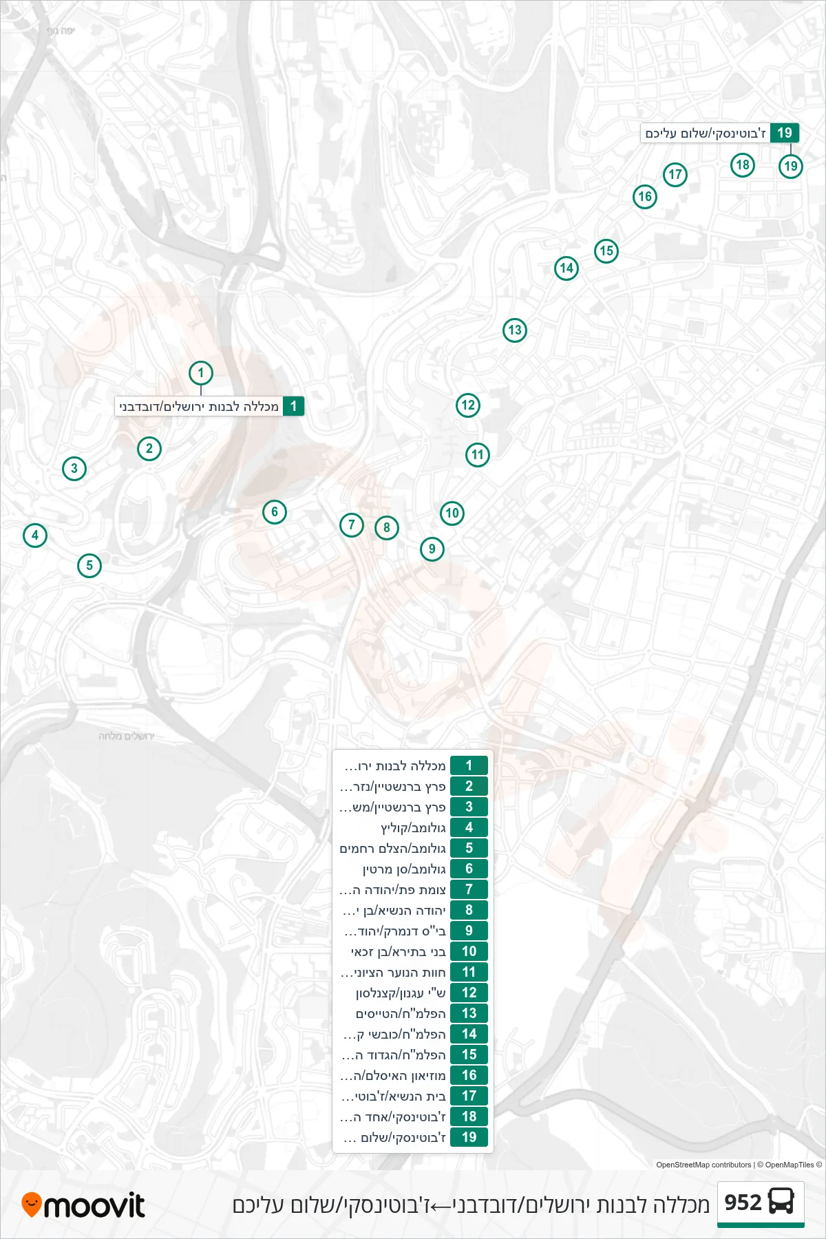 952 bus Line (Jerusalem Girls College/Duvdevani‎→Jabotinsky/Shalom Aleichem) route and stops on a map