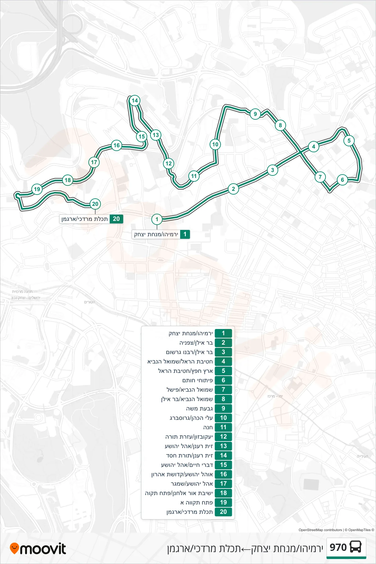 970 bus Line (Yirmiyahu/Minchat Yitzhak‎→Tchelet Mordechai/Argaman) route and stops on a map