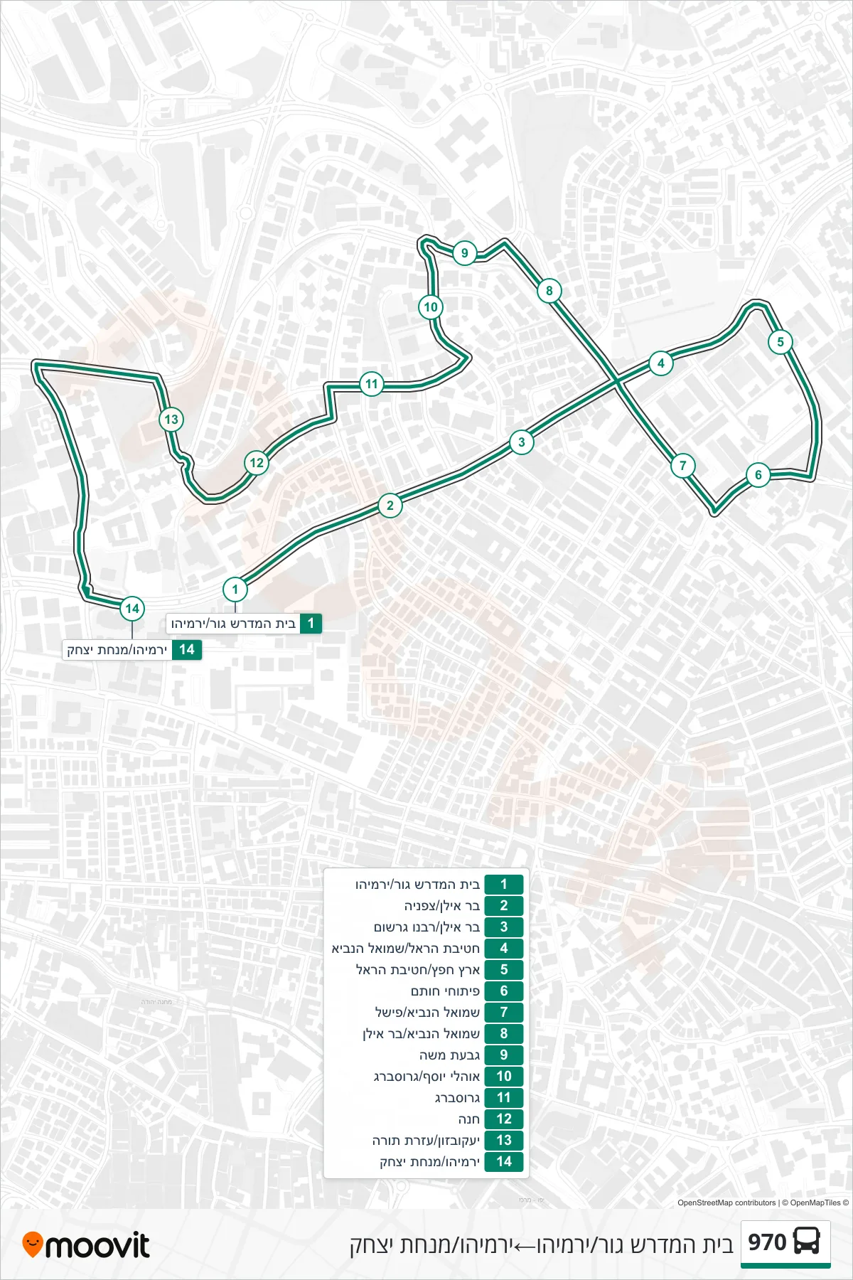 970 bus Line (Gur Seminary/Yirmiyahu‎→Yirmiyahu/Minchat Yitzhak) route and stops on a map