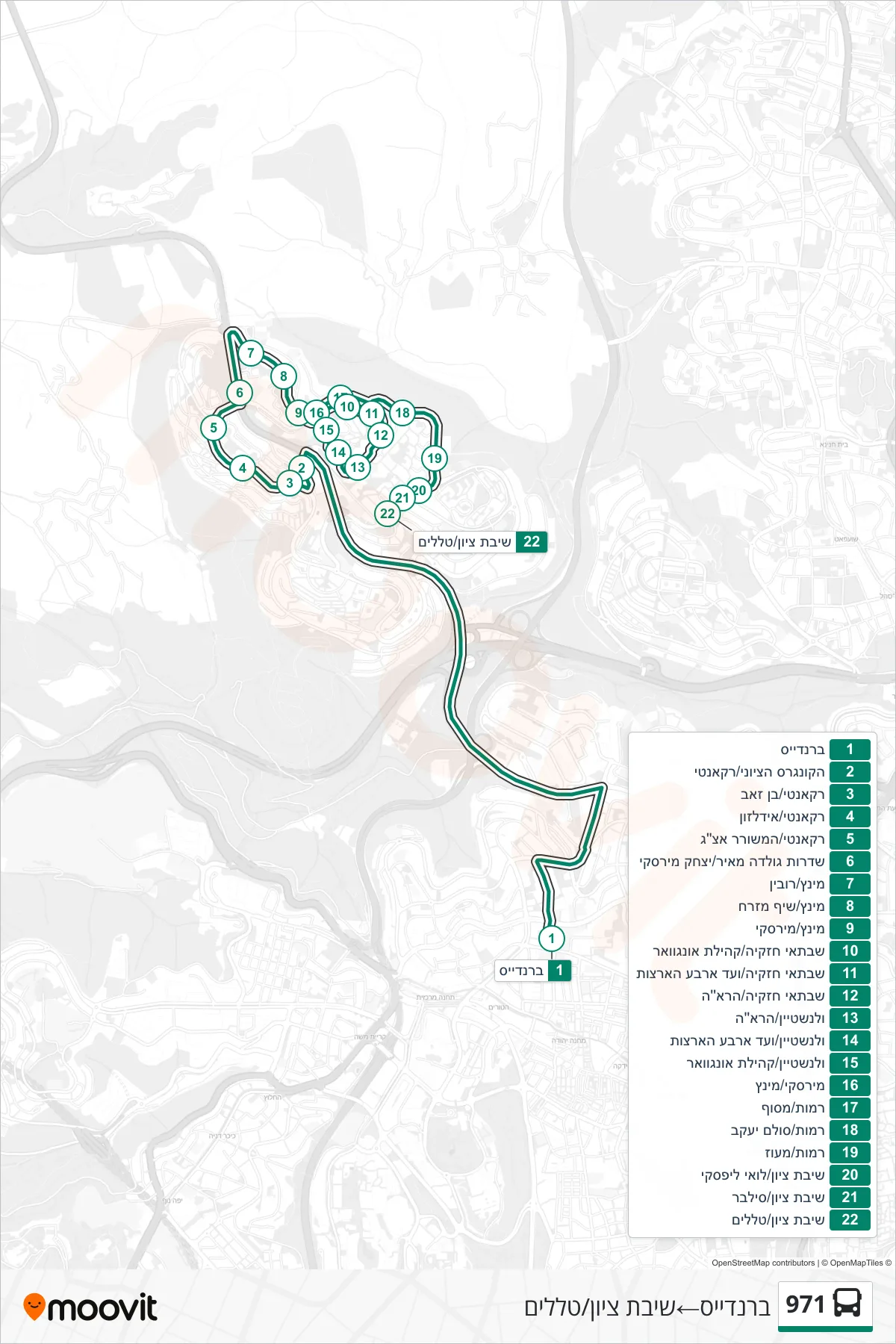 971 bus Line (Brandeis‎→Shivat Zion/Tlalim) route and stops on a map