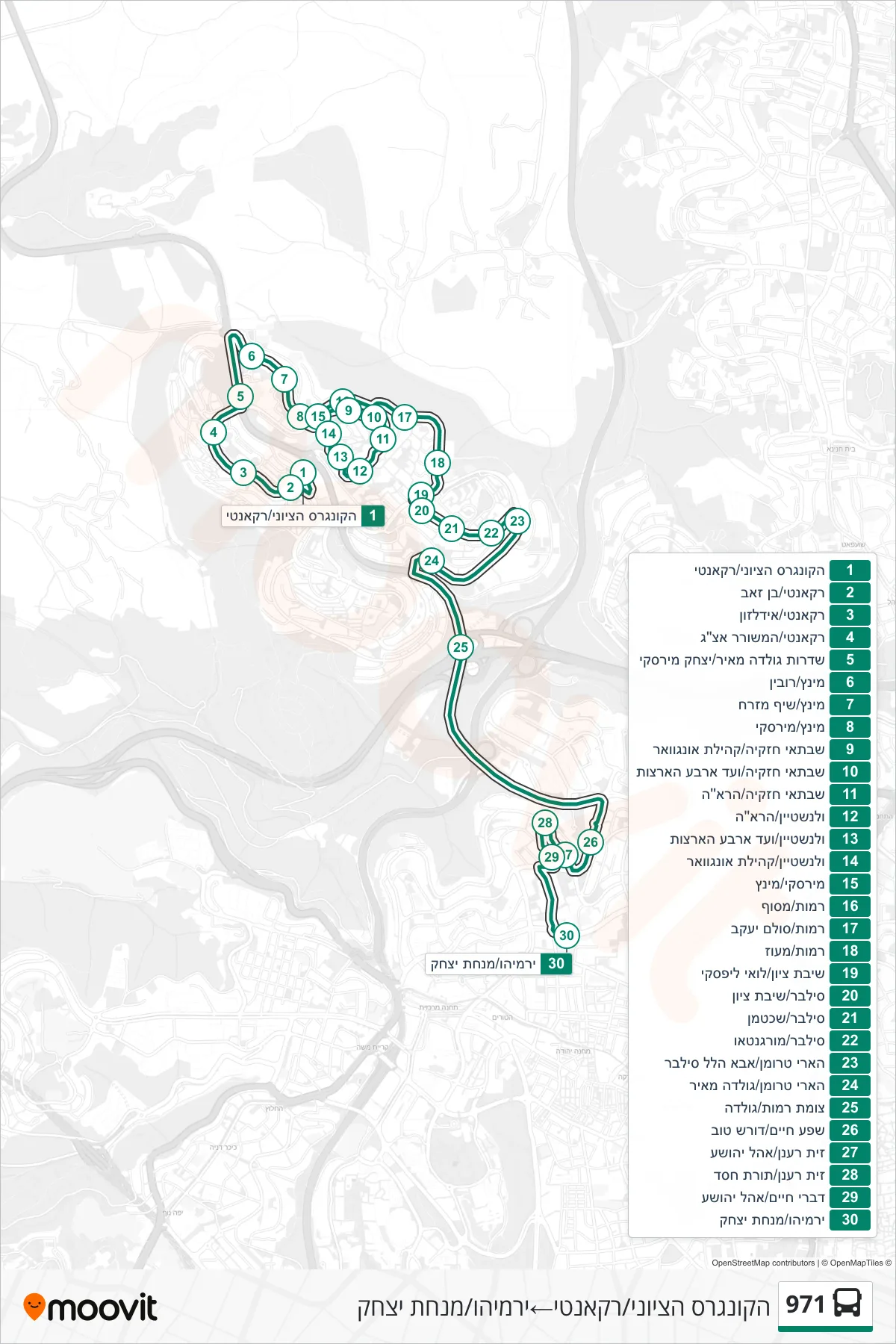 971 bus Line (Zionist Congress/Recanati‎→Yirmiyahu/Minchat Yitzhak) route and stops on a map