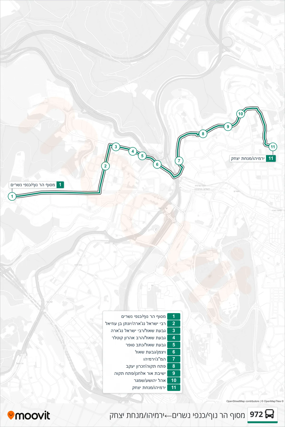 972 bus Line (Har Nof Terminal/Kanfei Nesharim‎→Yirmiyahu/Minchat Yitzhak) route and stops on a map