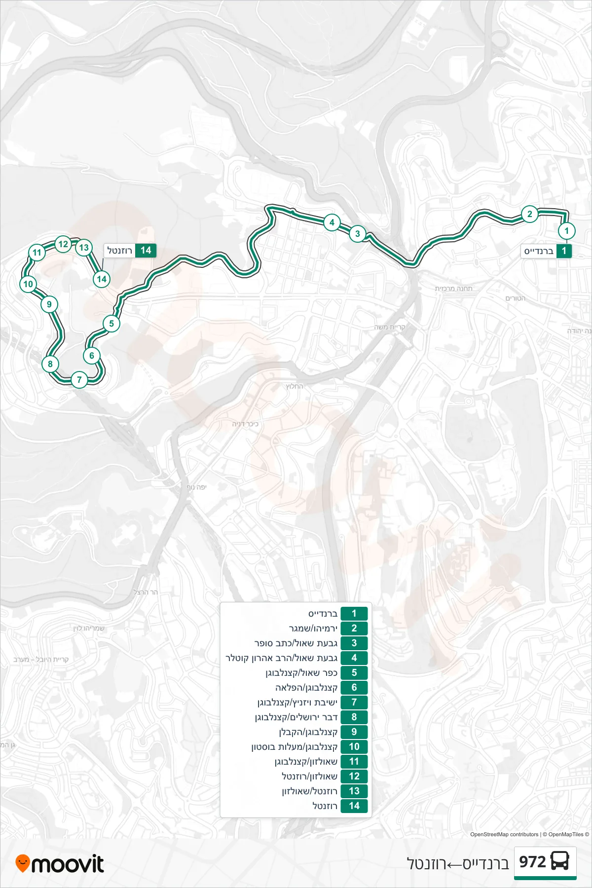 972  Line (Brandeis‎→Rosenthal) route and stops on a map