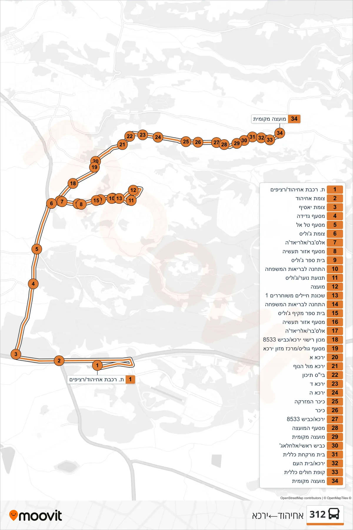 312 bus Line (Ahihud‎→Yarka) route and stops on a map
