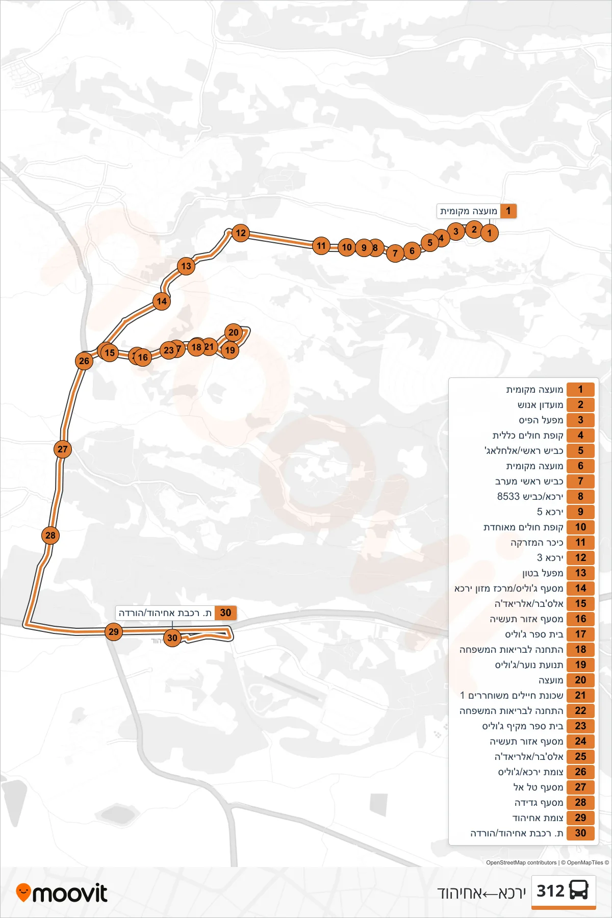 312 bus Line (Yarka‎→Ahihud) route and stops on a map