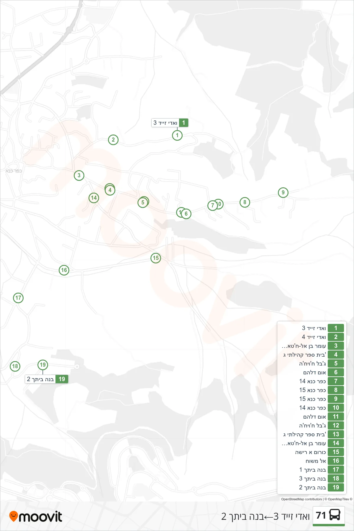 71  Line (Wadi Zeid 3‎→Build Your Home 2) route and stops on a map
