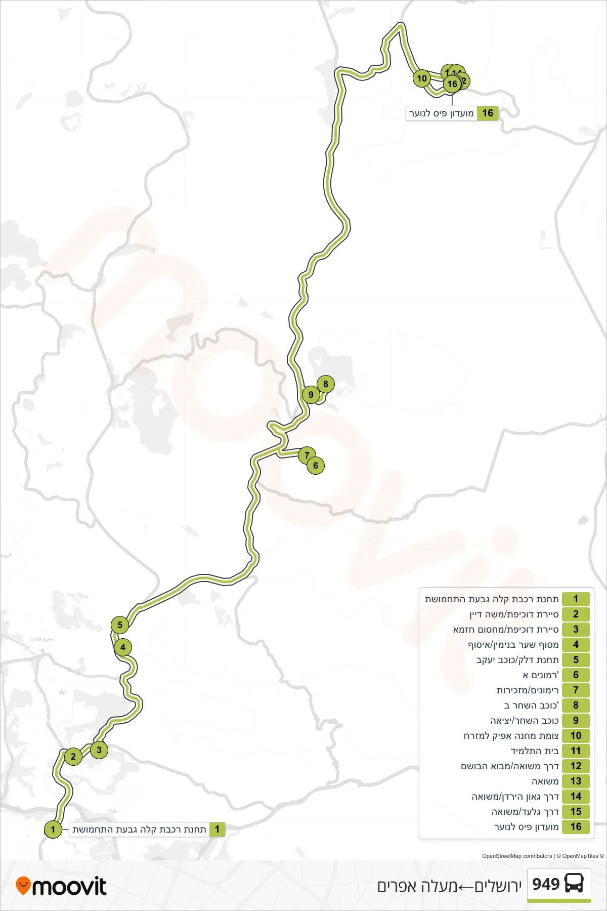 949 bus Line (Jerusalem‎→Ma'ale Efraim) route and stops on a map