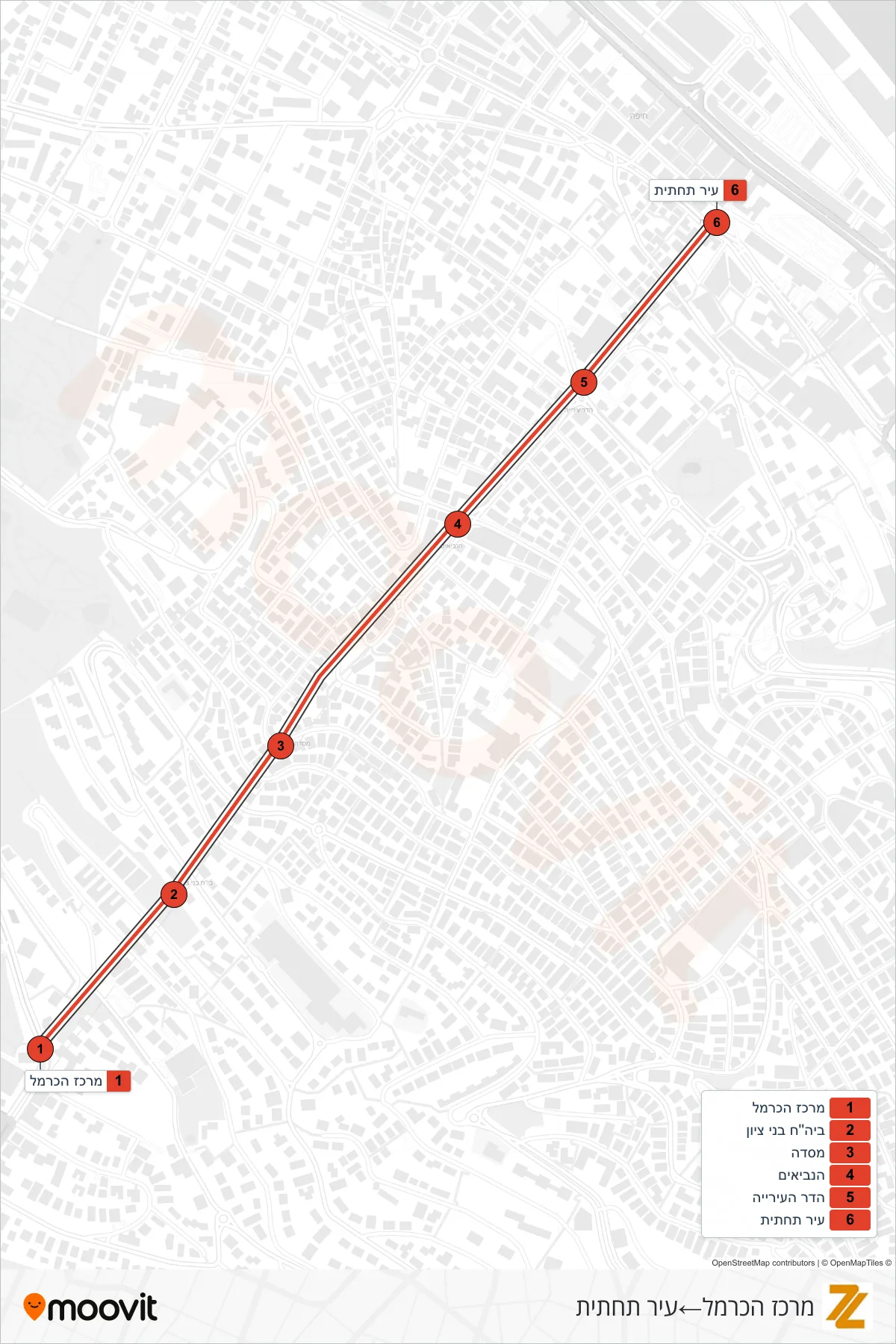 1 Carmelit / Rachbalit Line (Carmel Center‎→Lower City) route and stops on a map