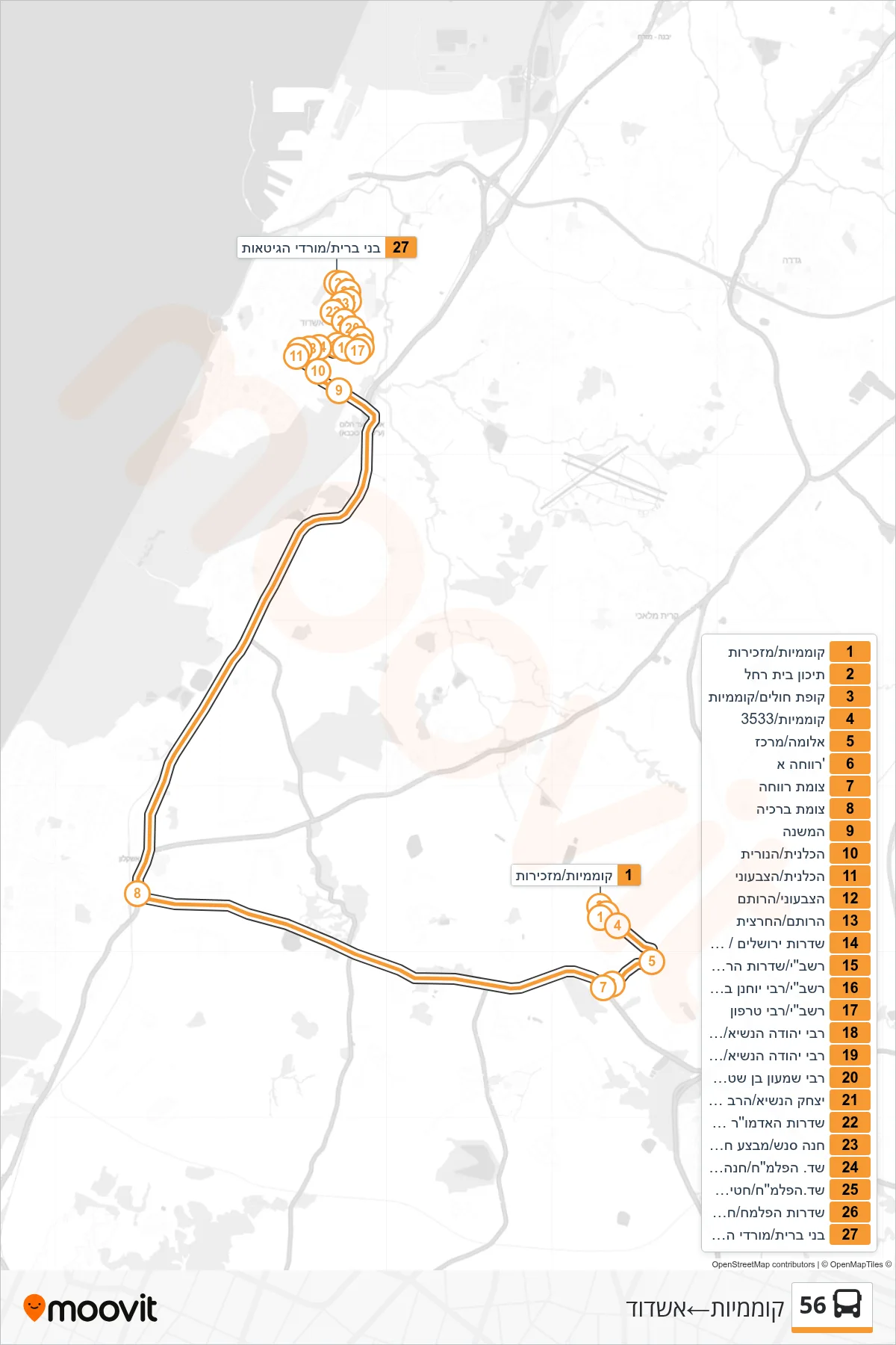 56  Line (Komemiyut‎→Ashdod) route and stops on a map