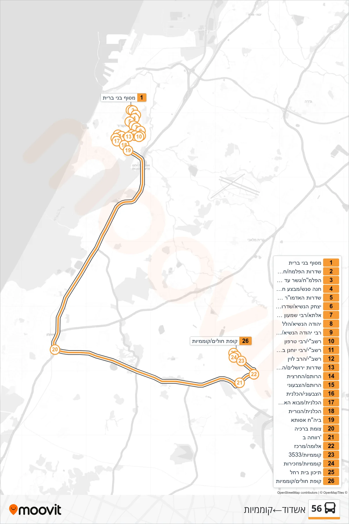 56 bus Line (Ashdod‎→Komemiyut) route and stops on a map